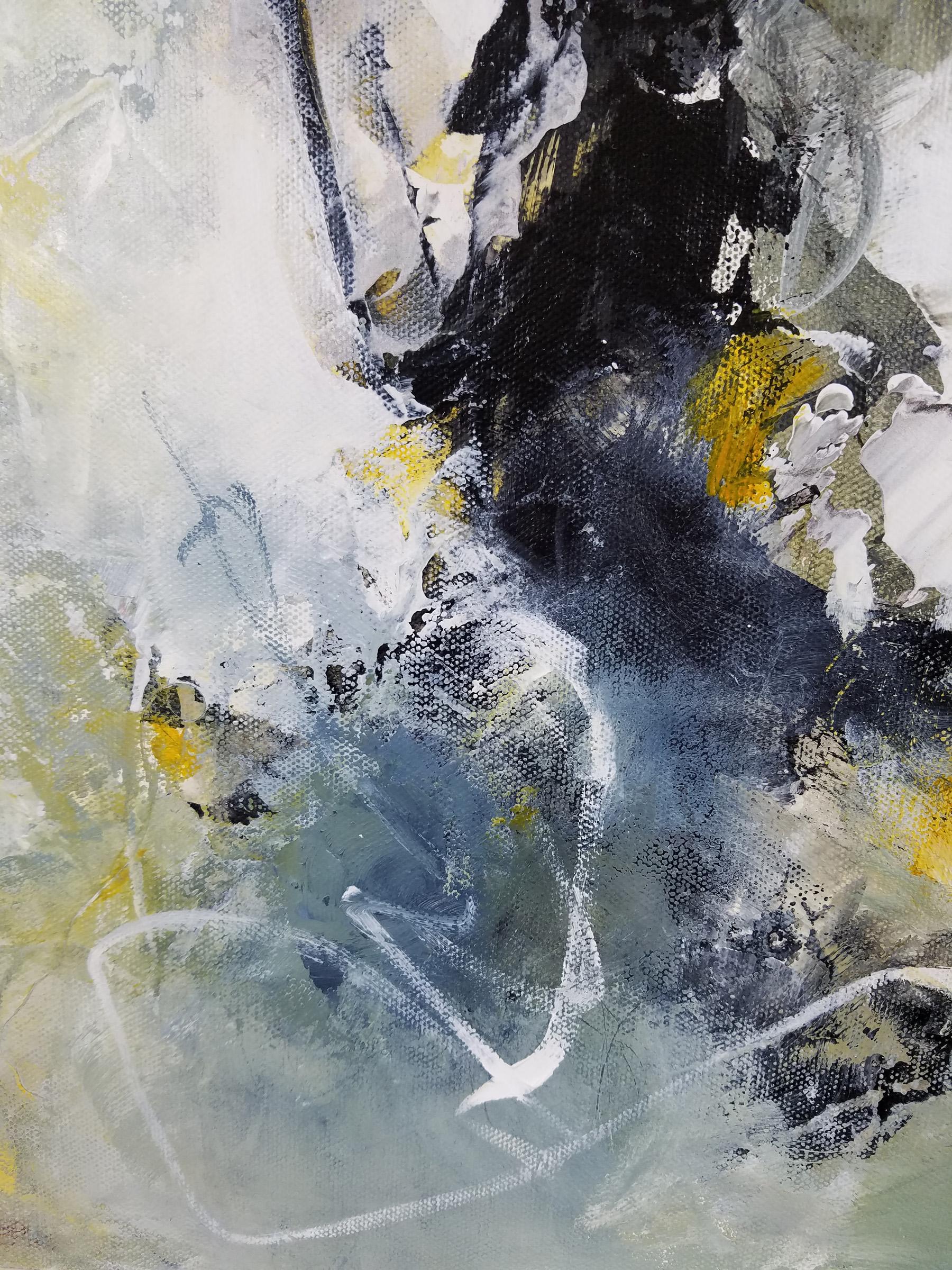 Körper und Seele -  Zeitgenössisches Gemälde (Schwarz-Weiß-Gelb) (Beige), Abstract Painting, von Laurie Barmore