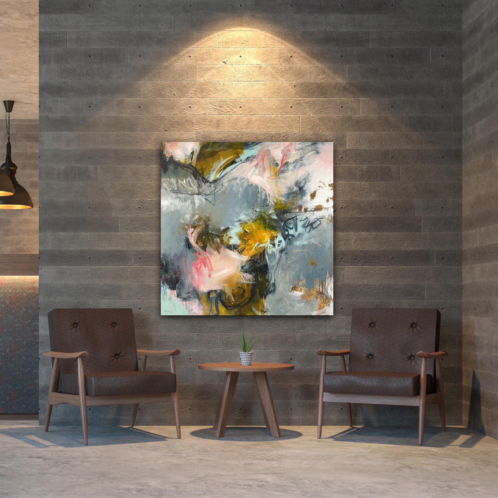 Camera dei segreti - Pittura astratta contemporanea (blu+schiuma+rosa+grigio) - Landscape Painting Grigio di Laurie Barmore
