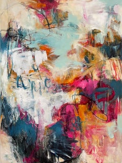 Curious, the Heart - Contemporary Abstract Painting (Blue+Orange+Pink+Sea-foam)