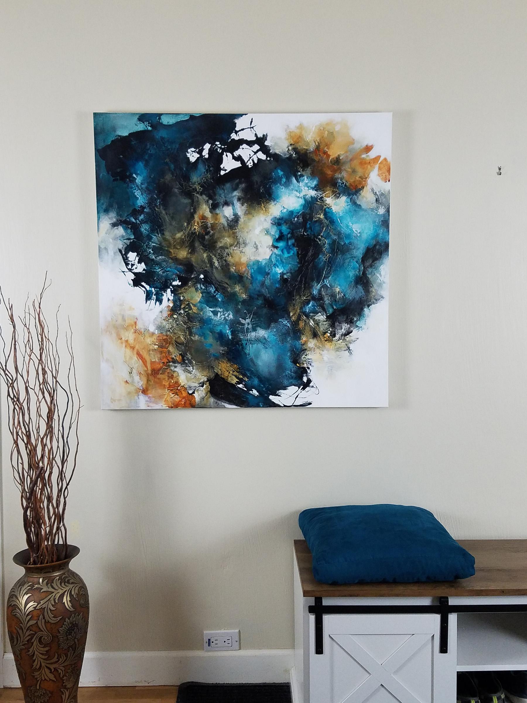 Finding Stillness in the Wild -  Contemporary Painting (Black+White+Blue) For Sale 2