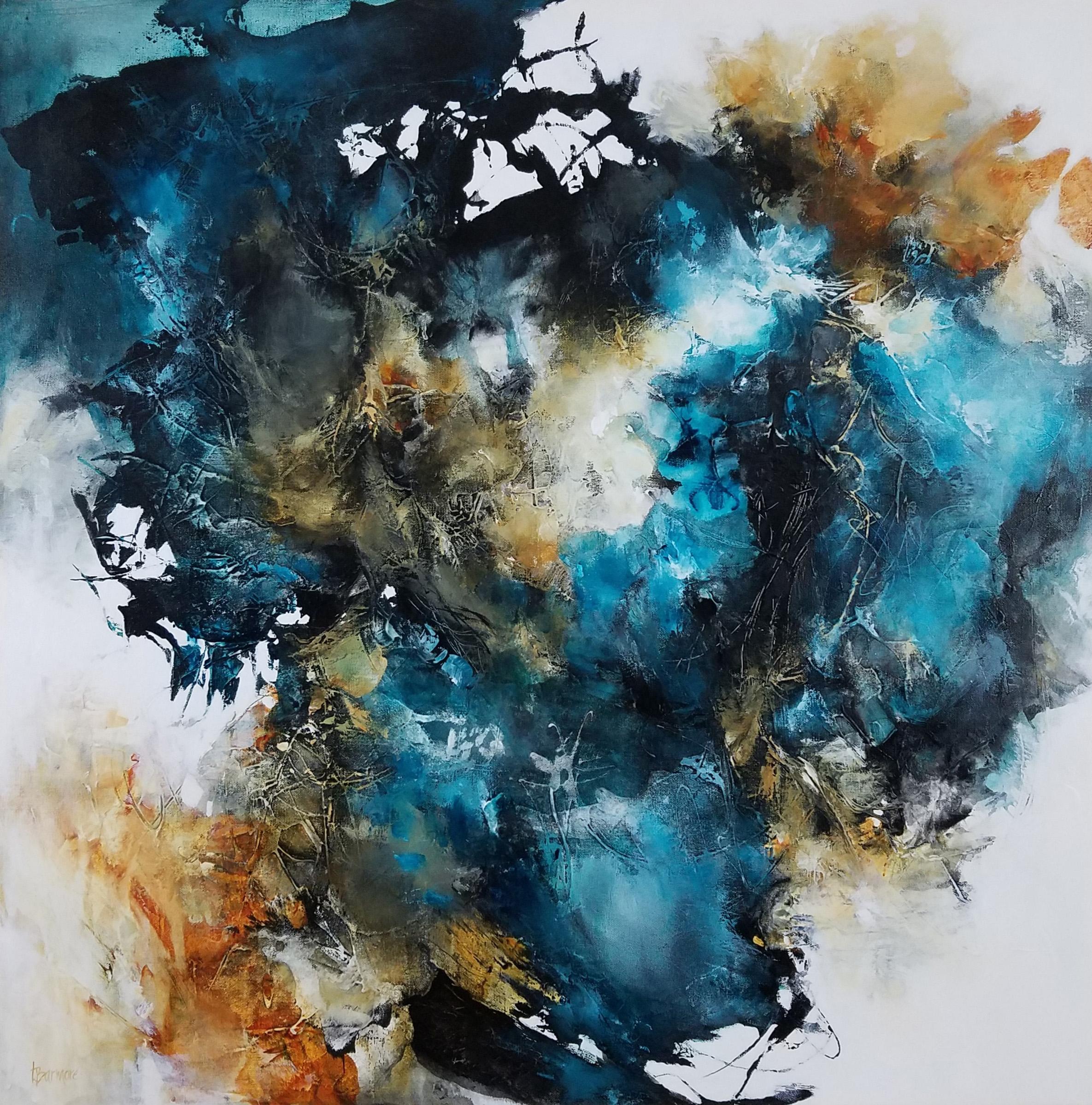 Laurie Barmore Abstract Painting - Finding Stillness in the Wild -  Contemporary Painting (Black+White+Blue)