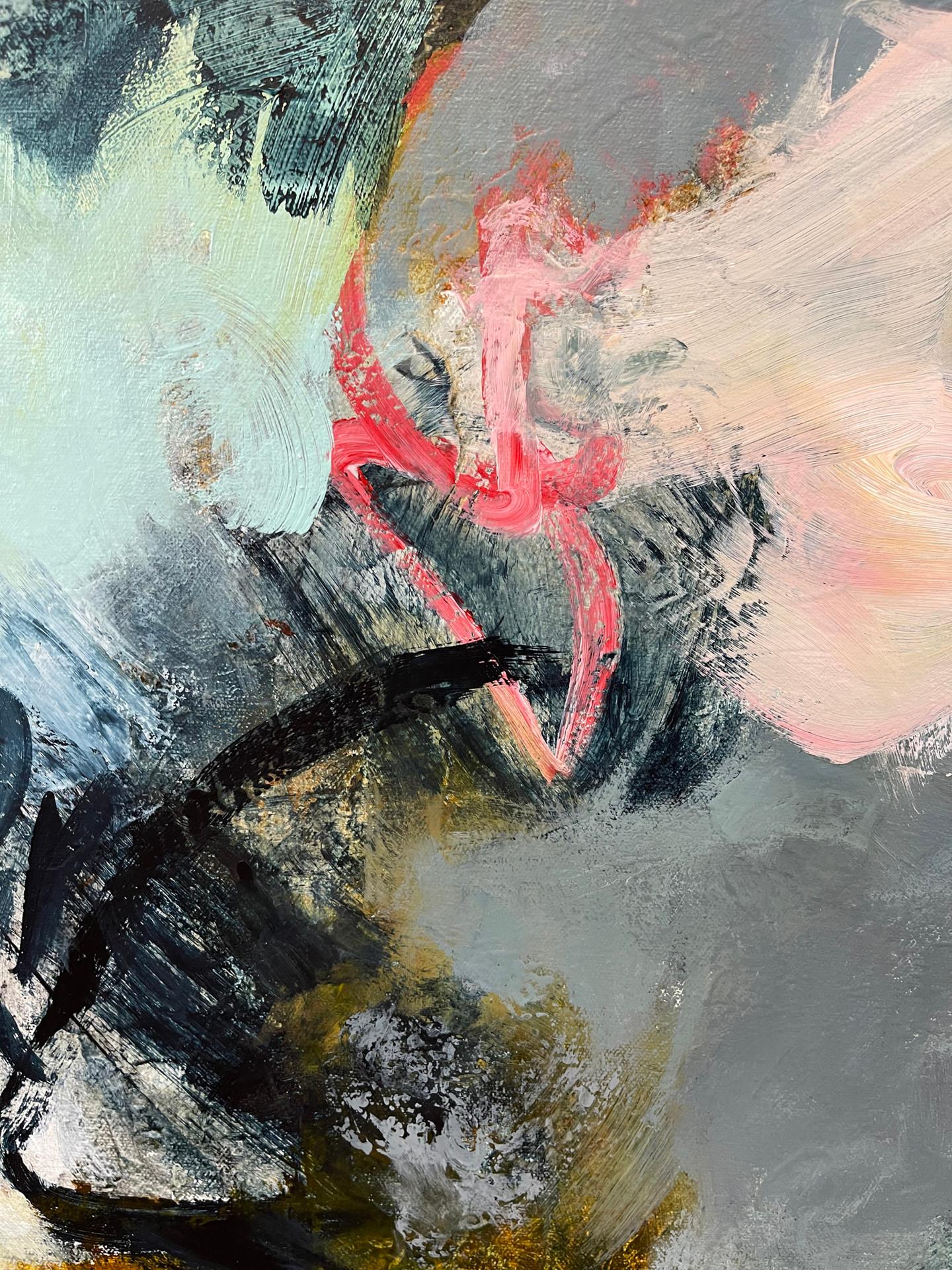 Is That Your Whisper I Hear - Pittura astratta contemporanea (verde acqua+grigio+rosa) - Painting di Laurie Barmore