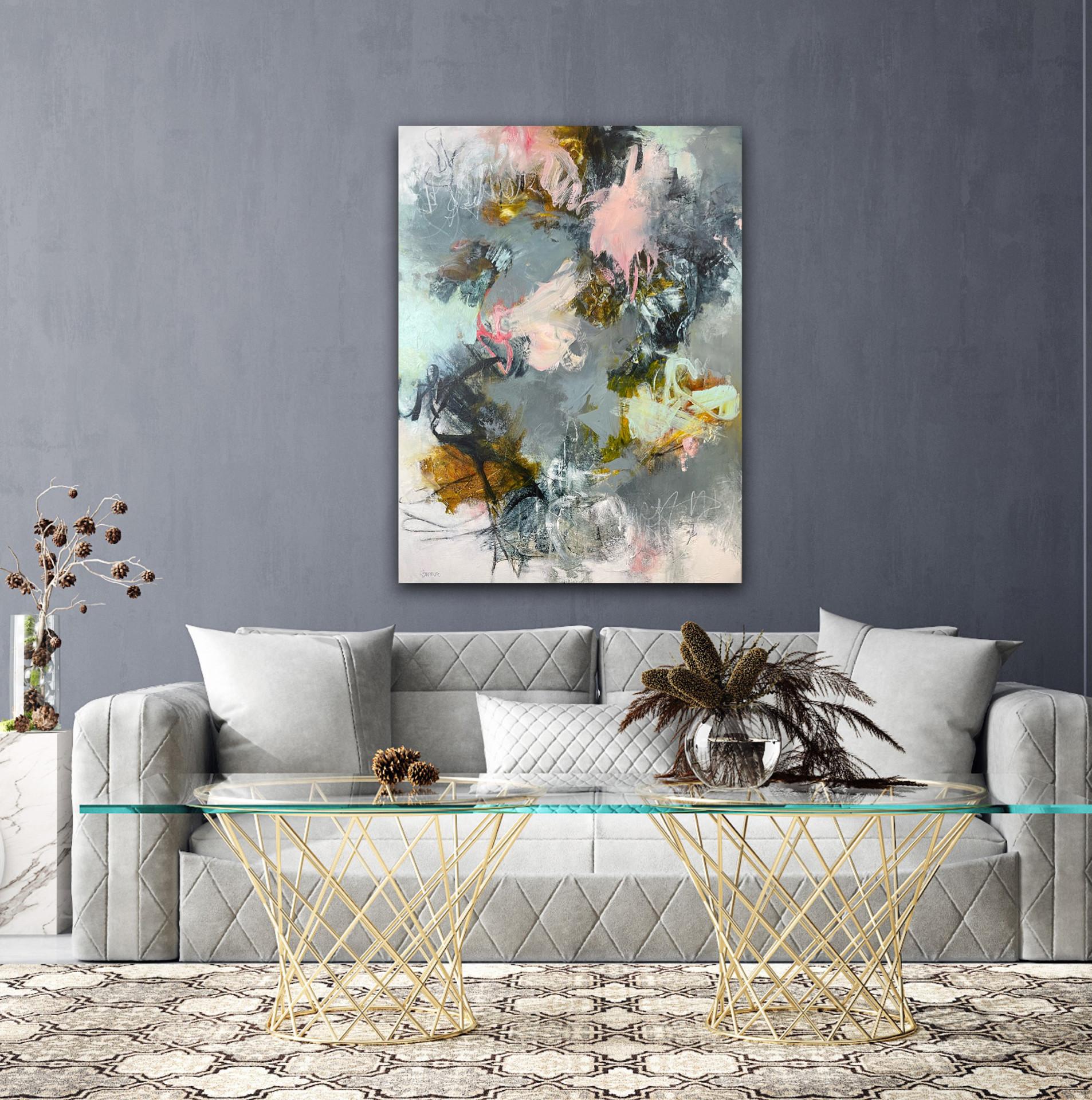 Is That Your Whisper I Hear - Pittura astratta contemporanea (verde acqua+grigio+rosa) - Abstract Painting Grigio di Laurie Barmore