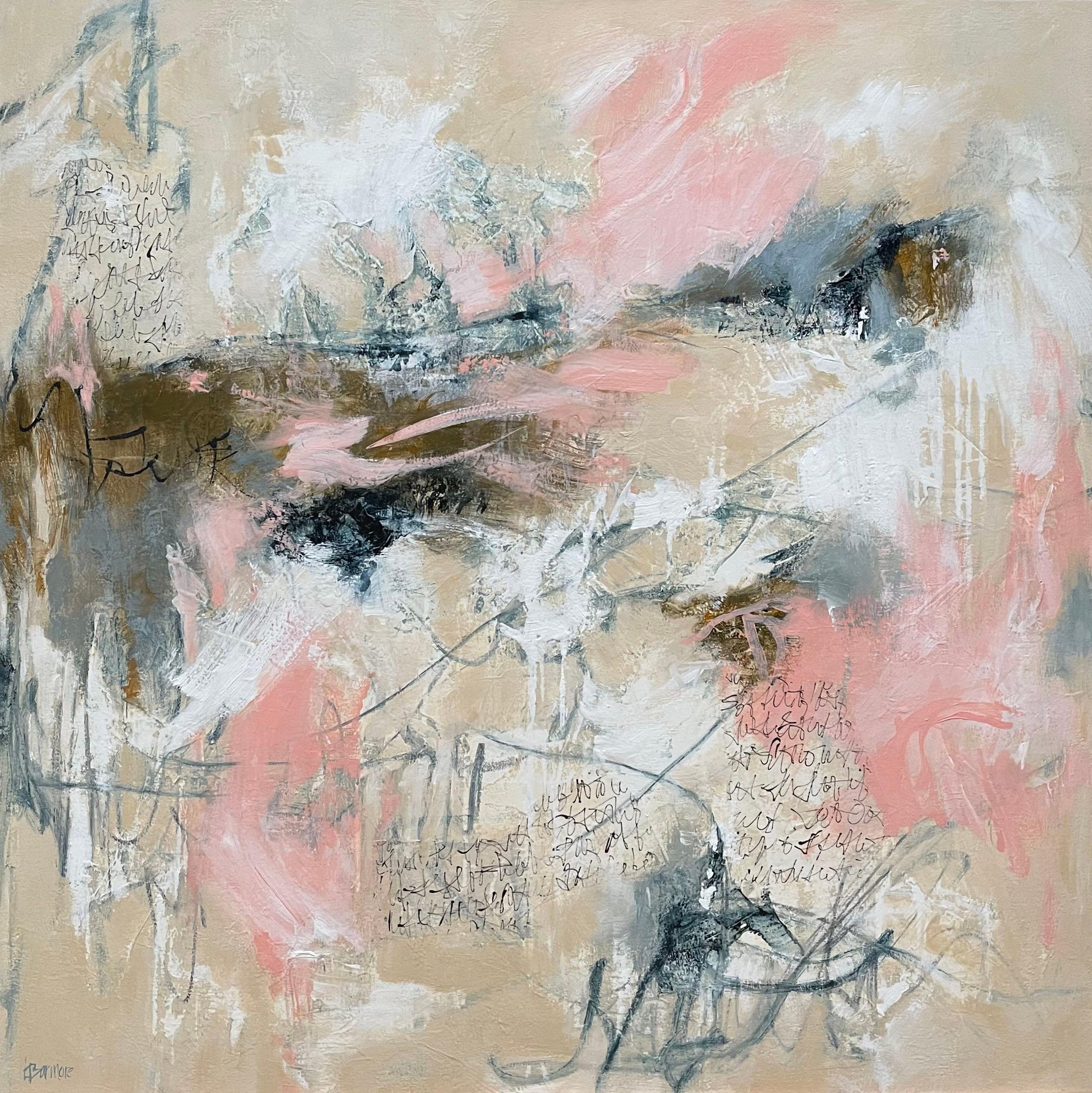 Laurie Barmore Abstract Painting - Letters of Love and Longing 1 - Contemporary Painting (Pink+White+Blue)