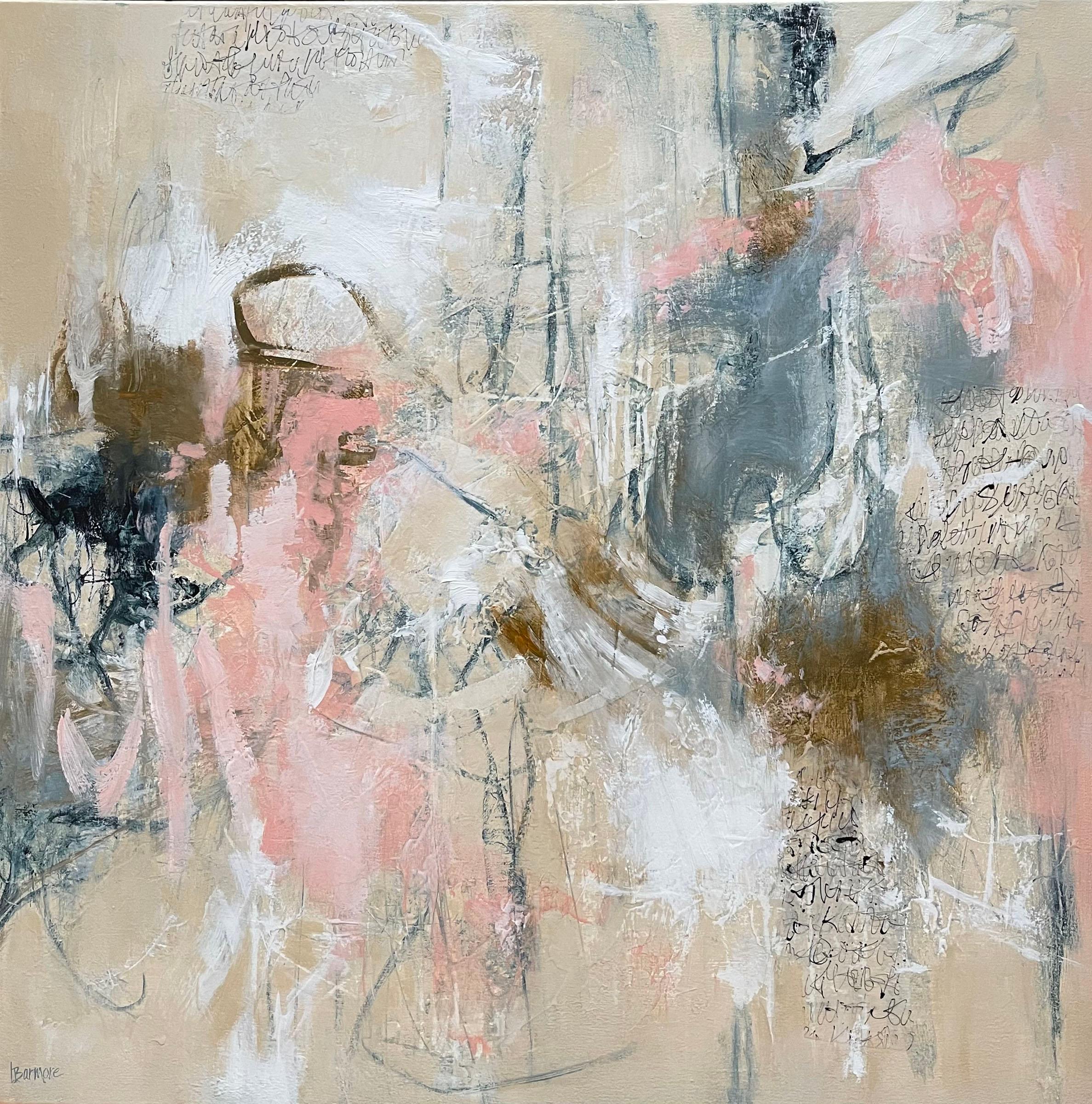 Laurie Barmore Abstract Painting - Letters of Love and Longing 2 - Contemporary Painting (Pink+White+Blue)