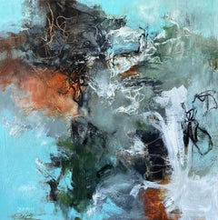 Soll ich wandern oder waten? Abstrakte Acrylmalerei, 24x24 (Blau+Grün+Weiß)