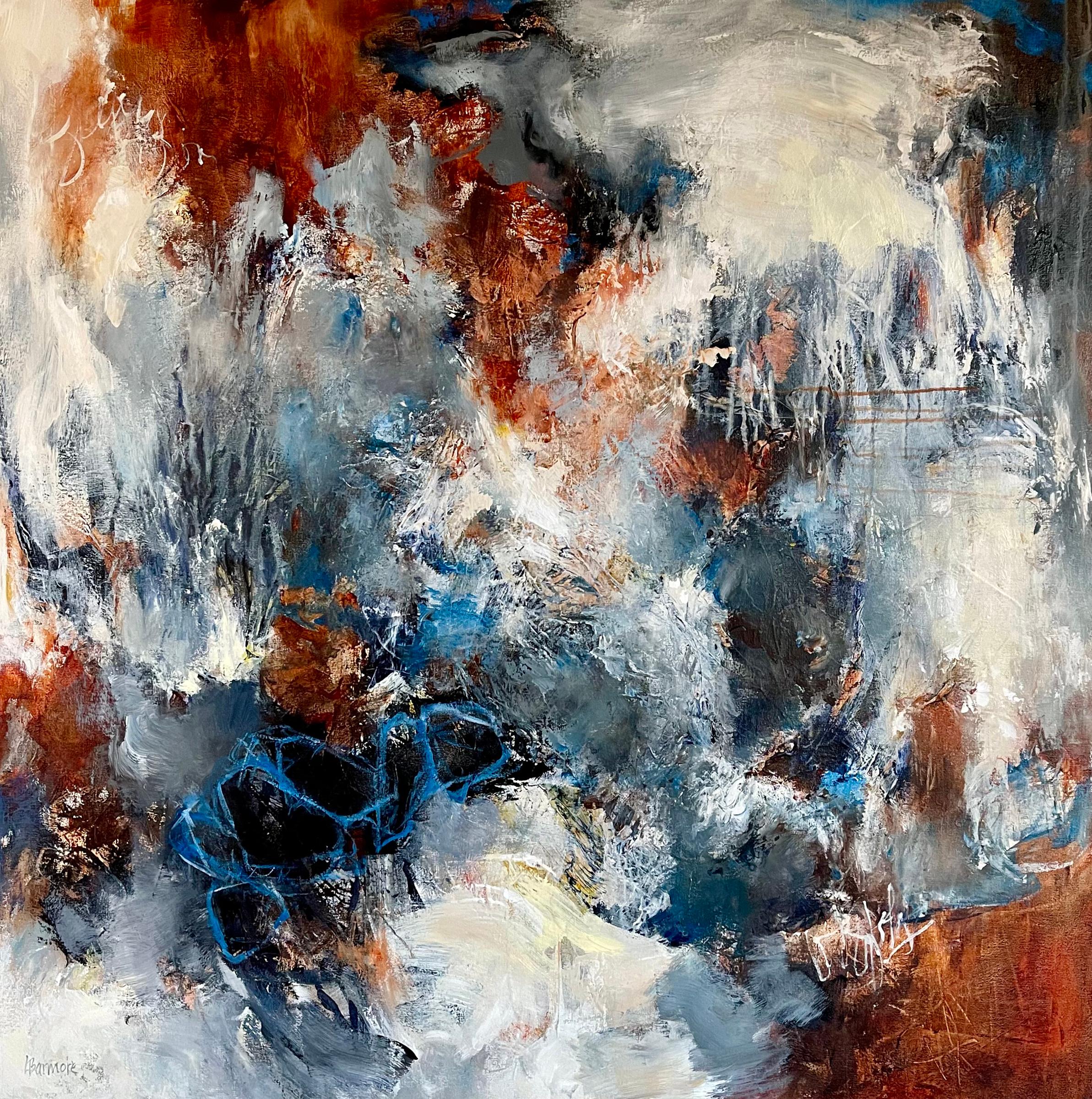 "Singing Stones," is a complex composition, abstract painting by Laurie Barmore. Laurie Barmore is a master of color and composition, her colors just jump off the canvas with the movement she infuses into her composition. Full of color, texture, and