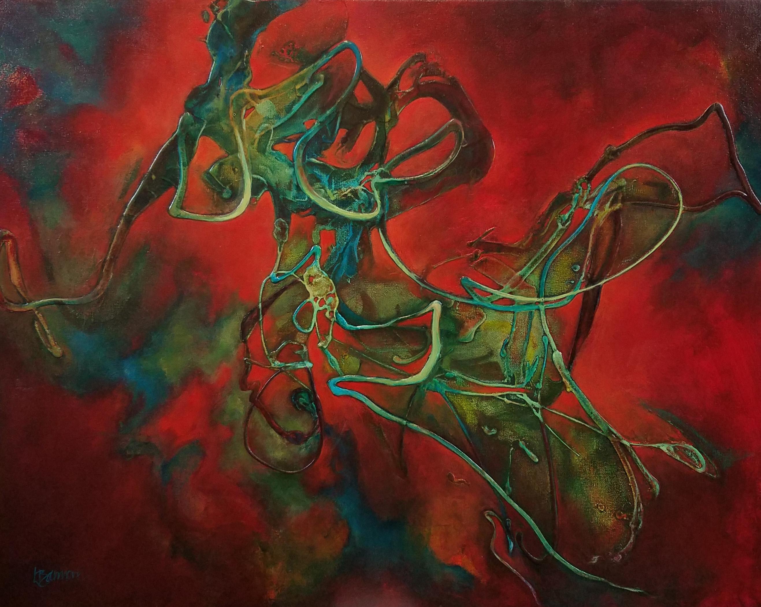Laurie Barmore Abstract Painting – Take Root - Zeitgenössisch Abstrakt (Rot + Blau + Grün)