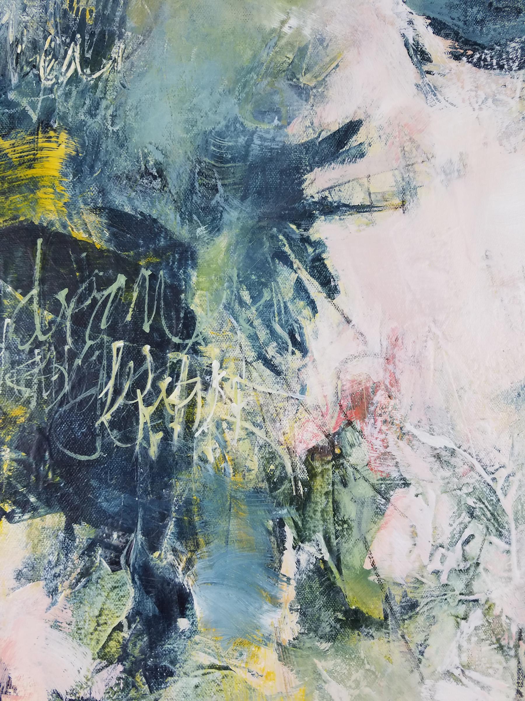 Il sogno - Pittura astratta contemporanea su tela (blu + giallo + bianco) - Painting Contemporaneo di Laurie Barmore