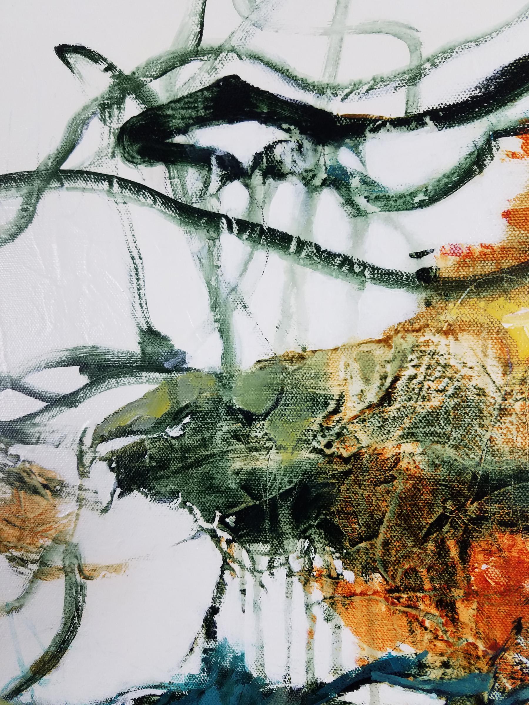 El sonido del agua -  Pintura Contemporánea (Negro+Blanco+Amarillo+Verde) - Painting Contemporáneo de Laurie Barmore
