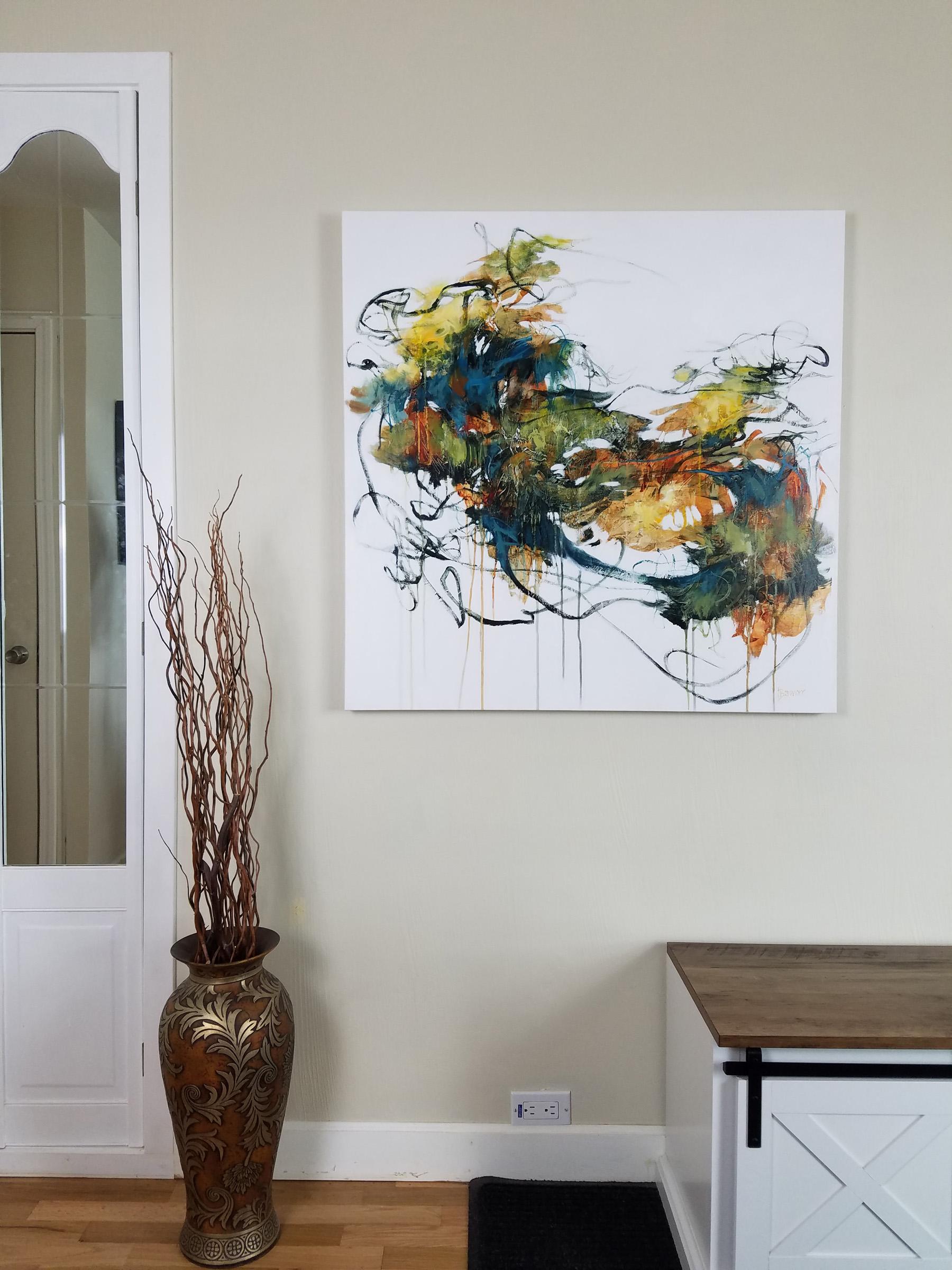 The Sound of Water II -  Contemporary Painting (Black+White+Yellow+Green) For Sale 2