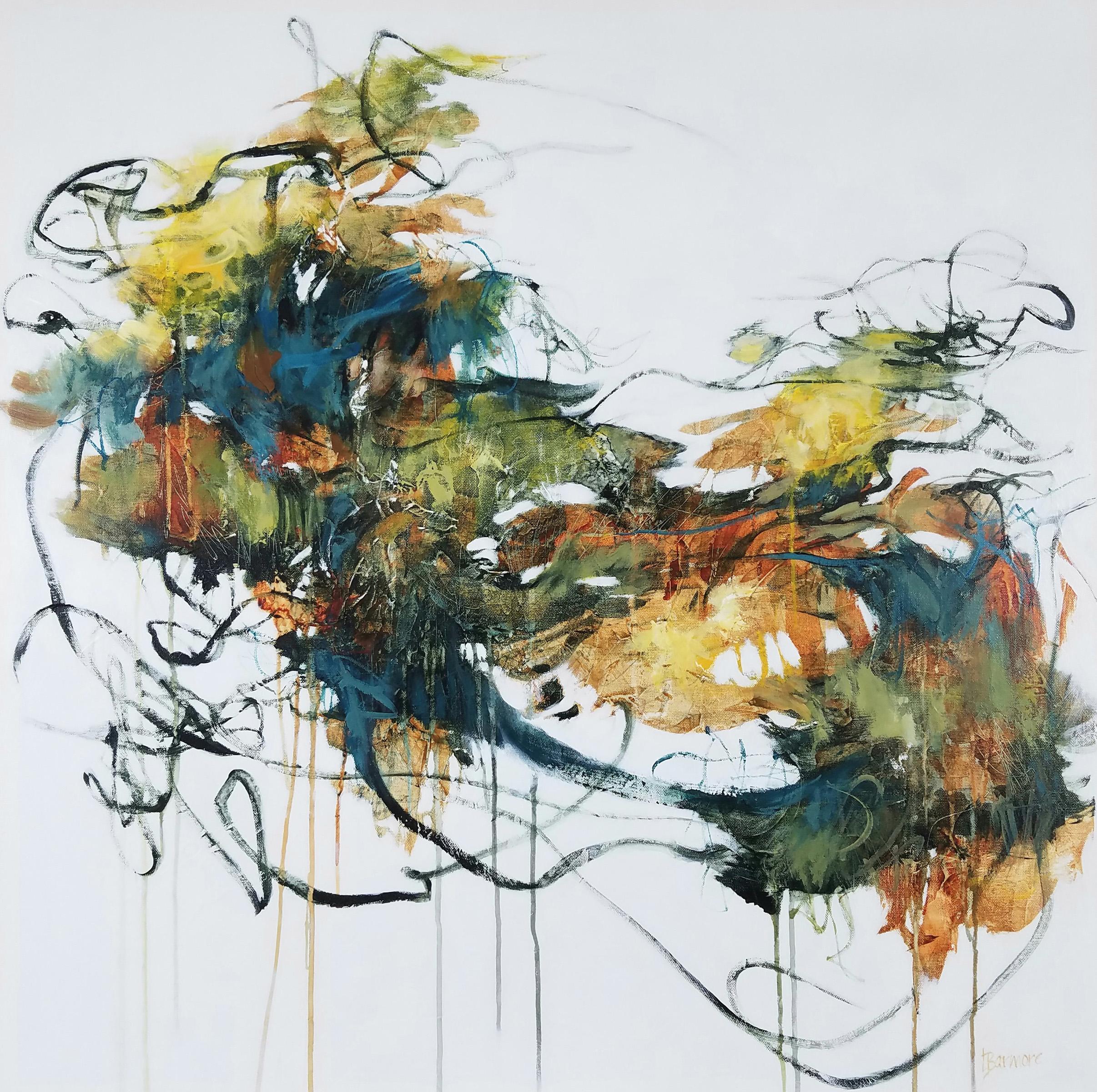 Abstract Painting de Laurie Barmore - El sonido del agua II -  Pintura Contemporánea (Negro+Blanco+Amarillo+Verde)