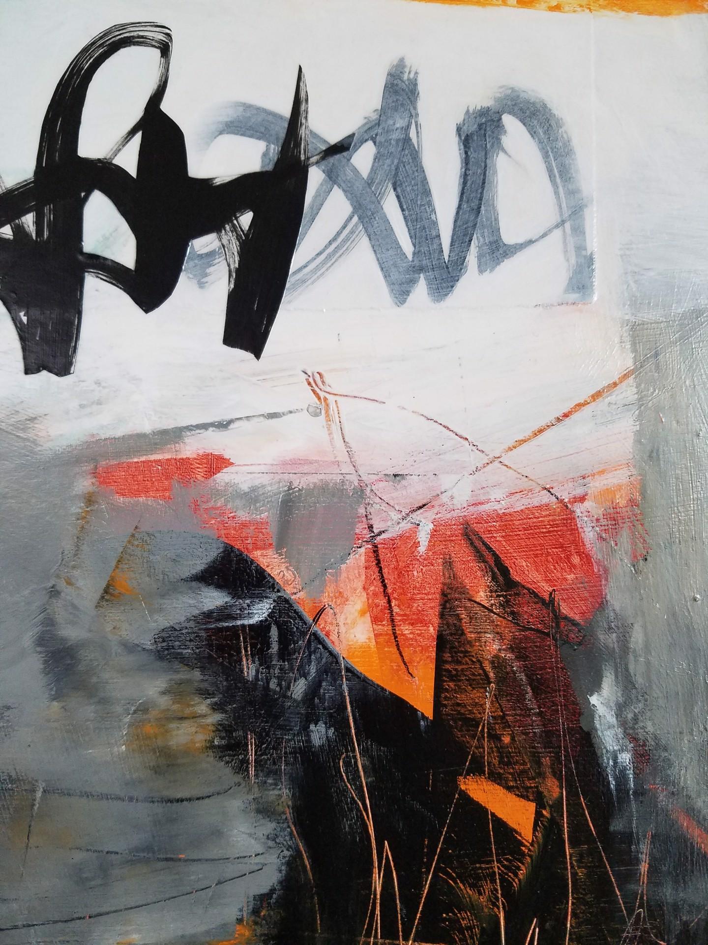 The Stories that Create Us #17, 2021 Mixed Media Painting in Orange, Grey & Red - Gray Abstract Painting by Laurie Barmore