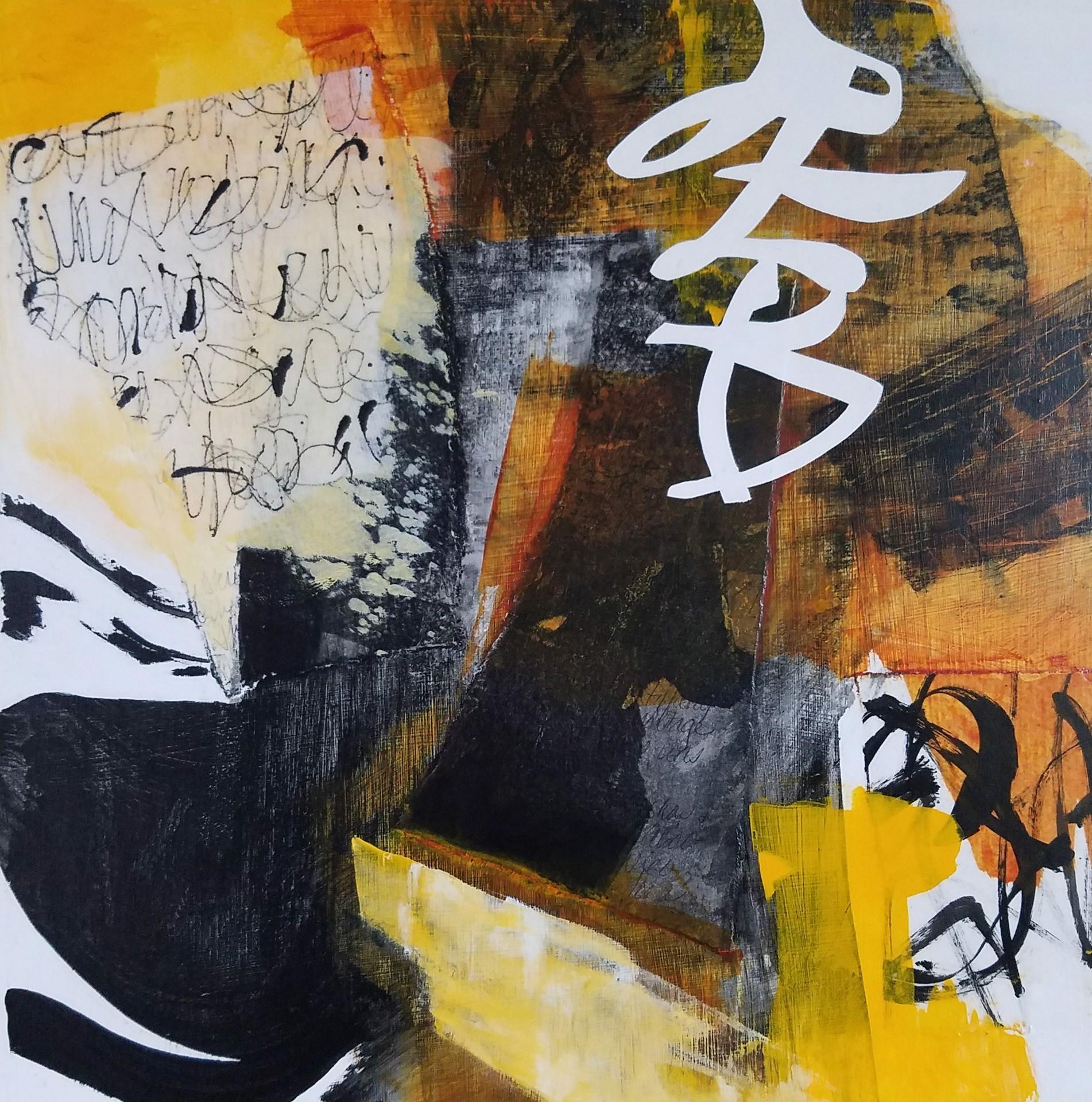 The Stories that Create Us #18, 2021 Mixed Media Painting in Orange Black Yellow - Mixed Media Art by Laurie Barmore