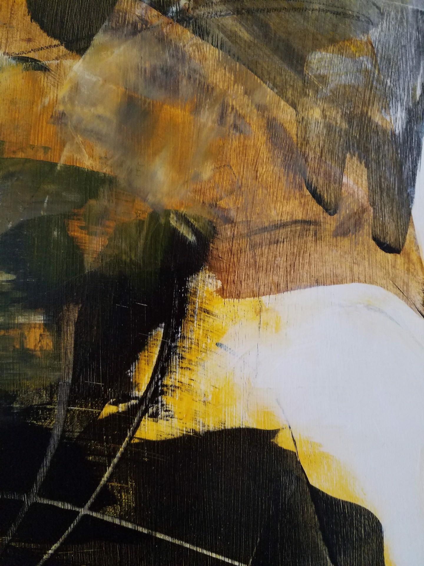 In this work by Laurie Barmore, the artist's hand is exceedingly present. Using strong strokes of black creates its own essences of form atop washes of whites, yellows, and rust. Spilling between and binding foreground and background, the artist