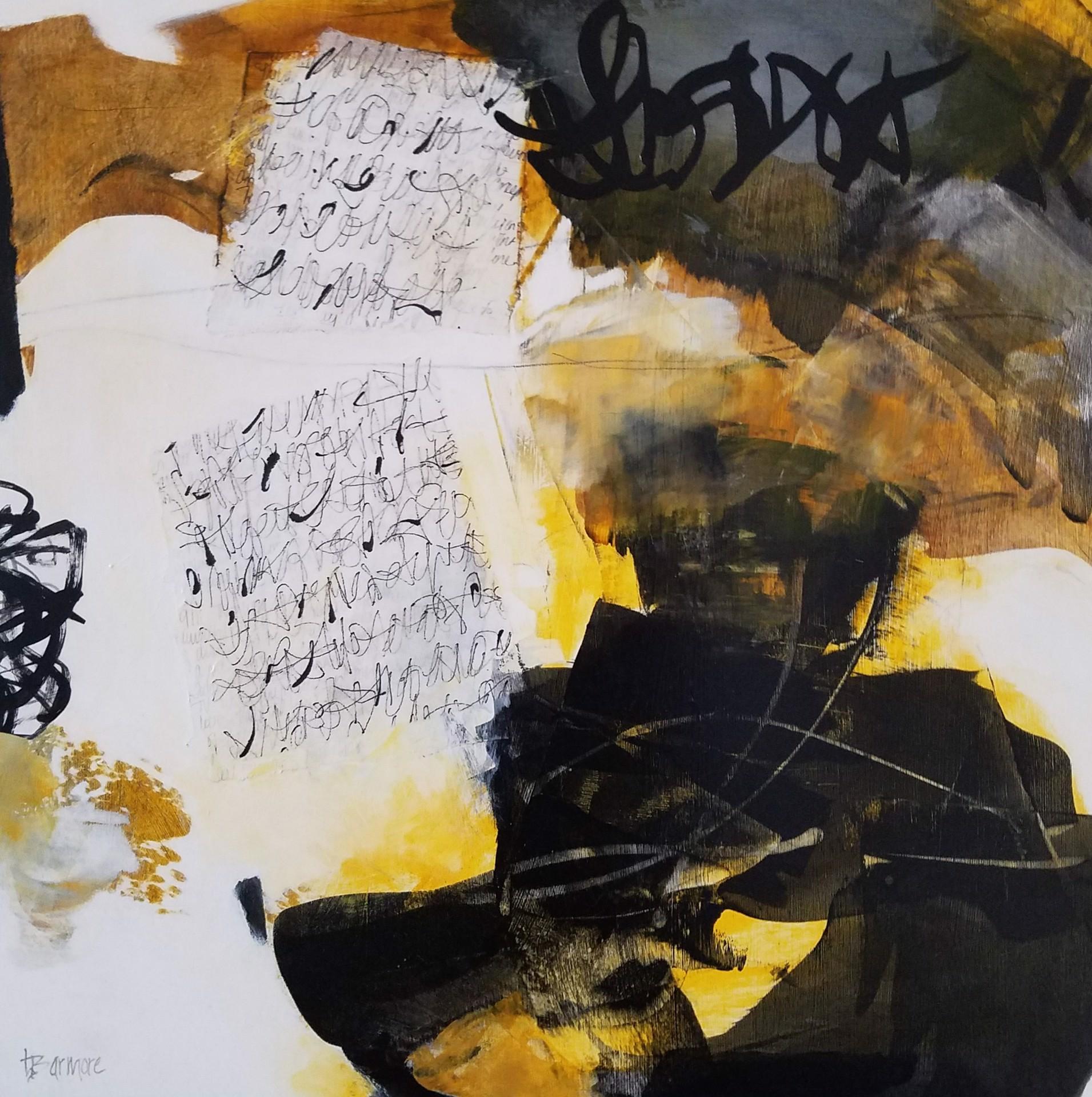 Abstract Painting de Laurie Barmore - Las historias que nos crean #19, 2021 Pintura de técnica mixta en naranja negro amarillo