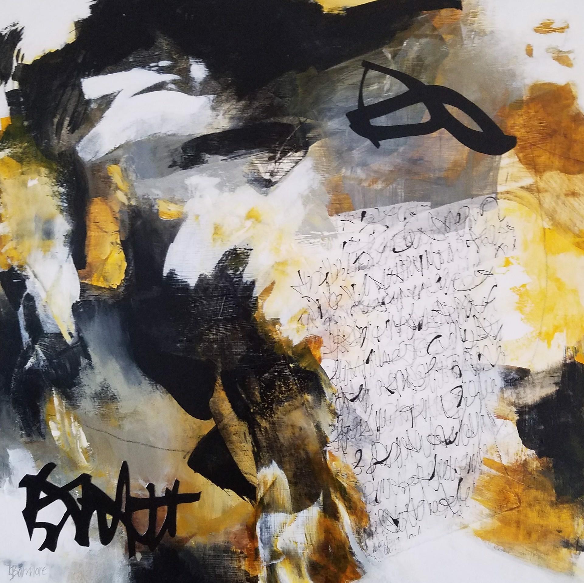 In this work by Laurie Barmore, the artist's hand is exceedingly present. Using strong strokes of black creates its own essences of form atop washes of whites, yellow and rust. Spilling between and binding fore and background, the artist creates