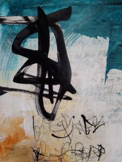 The Stories that Create Us #9, 2021 Mixed Media Painting in Teal, Orange & Black