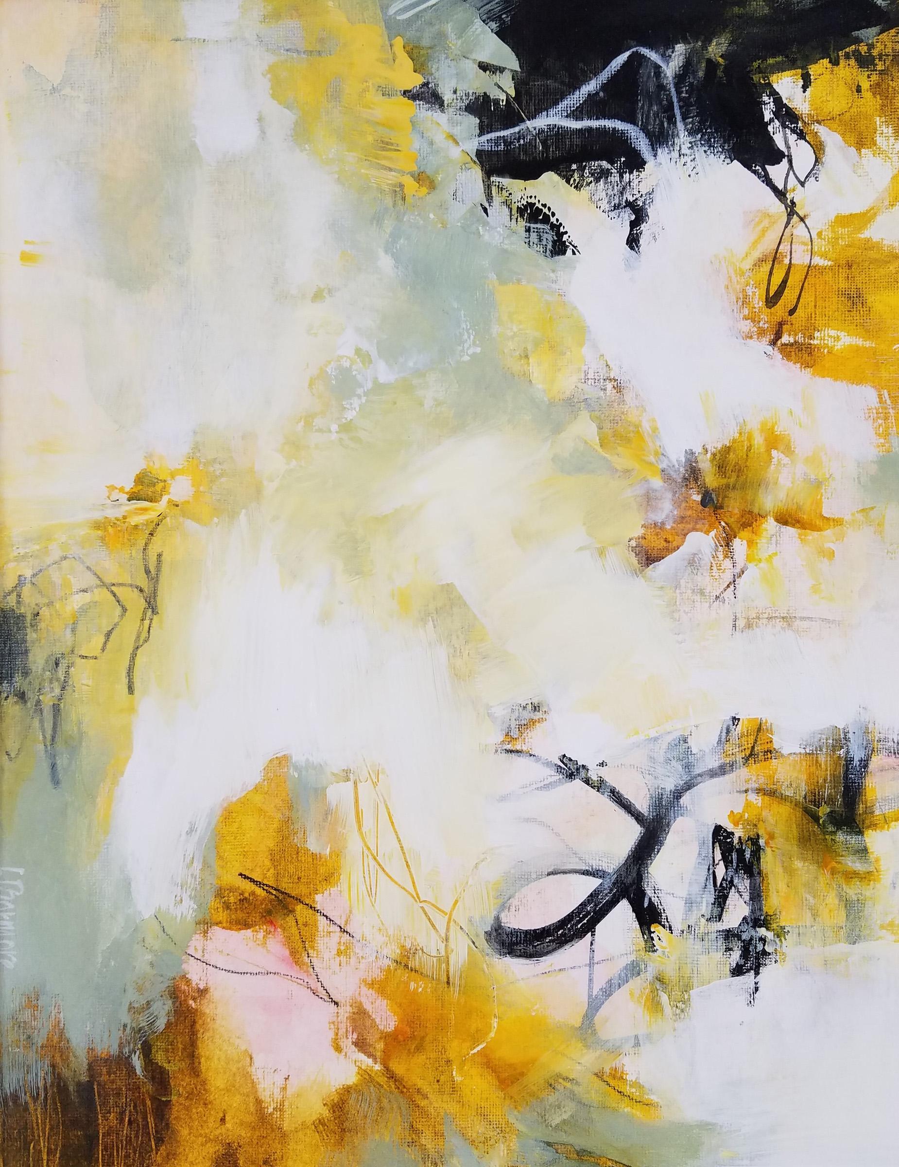 Laurie Barmore Abstract Drawing - Things Previously Unknown #1 - Abstract Contemporary Painting (Yellow+White)
