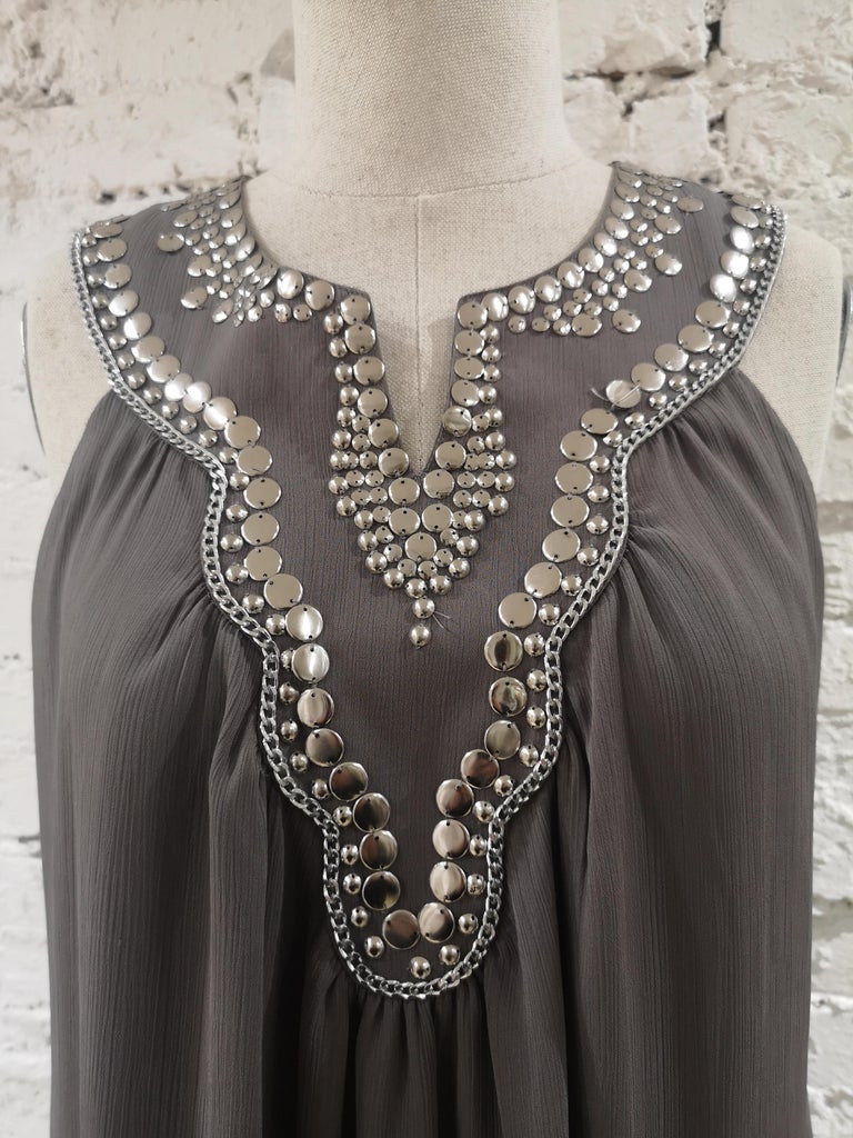 Laurie and Joe paris grey with silver beads silk dress at 1stDibs