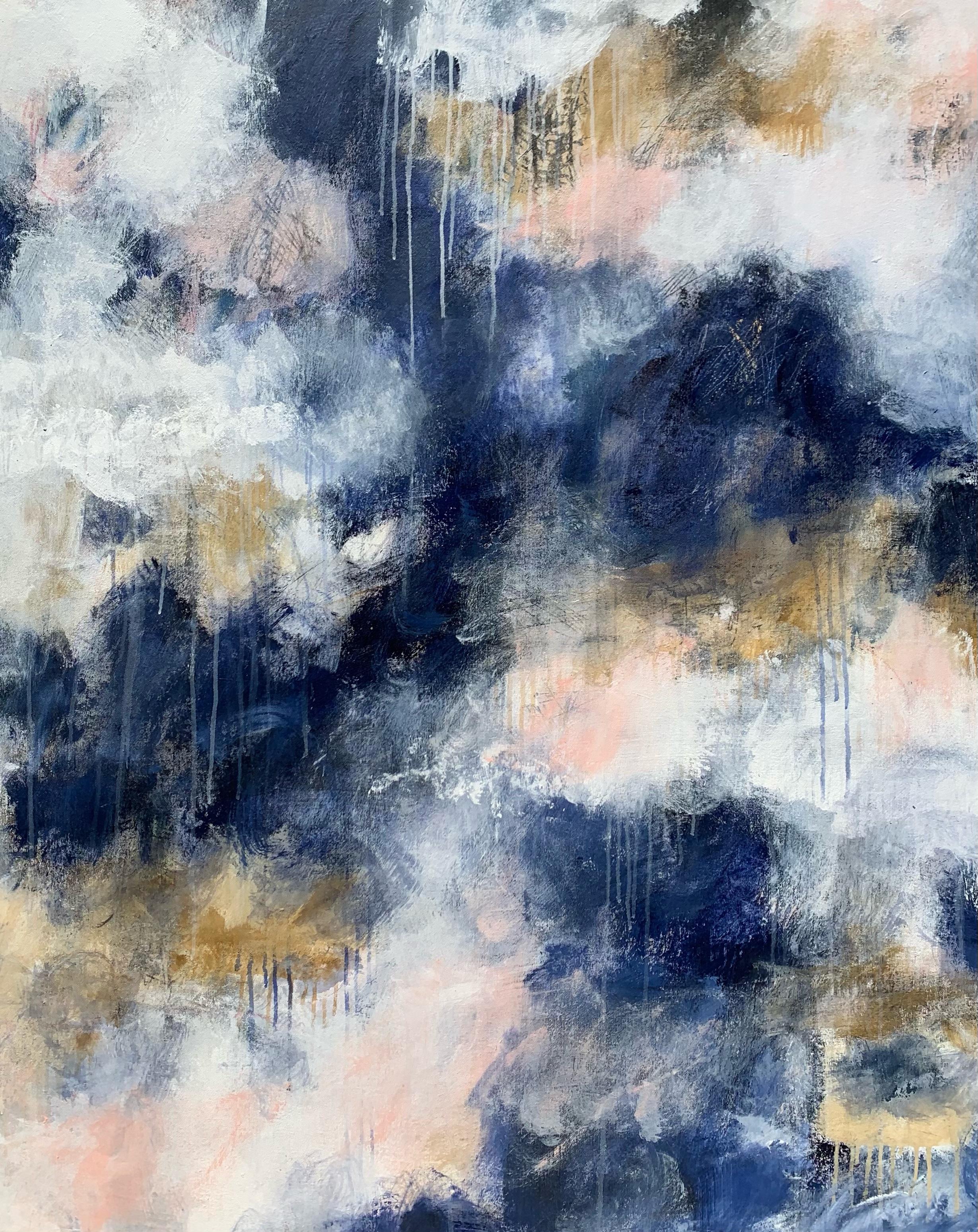 Laurie King is an abstract mixed media artist. This piece features tones of white, dark blue, tan, and pink. She conveys the unadorned beauty of nature, the transparency of light and the continuous shifting mysteries of atmosphere.

Laurie King