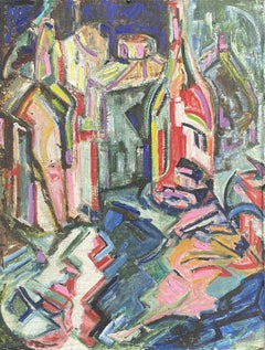 LAURIE NORMAN (1927-2019) LARGE OIL - ABSTRACT CUBIST VIEW OF BUILDINGS/ TOWN