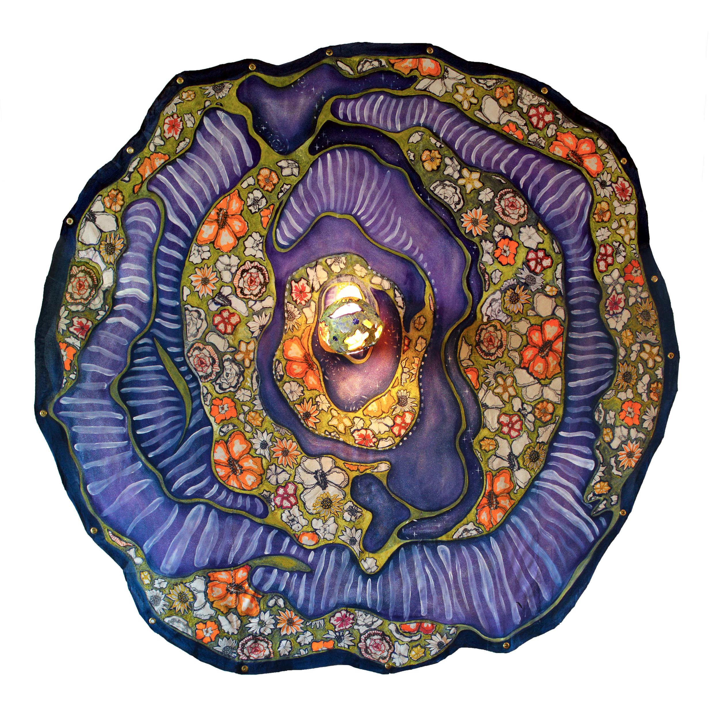 "Yoni Flower #11" by Laurie Shapiro is a unique, mixed media on muslin painting that is signed by the artist on the front. The artist created this original work using acrylic, hand-sewn textile, and screen print. There is an orb extending through