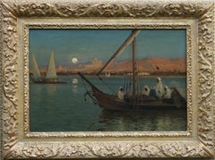 Afterglow and moonrise on the Nile - Orientalist 1917 riverscape oil painting