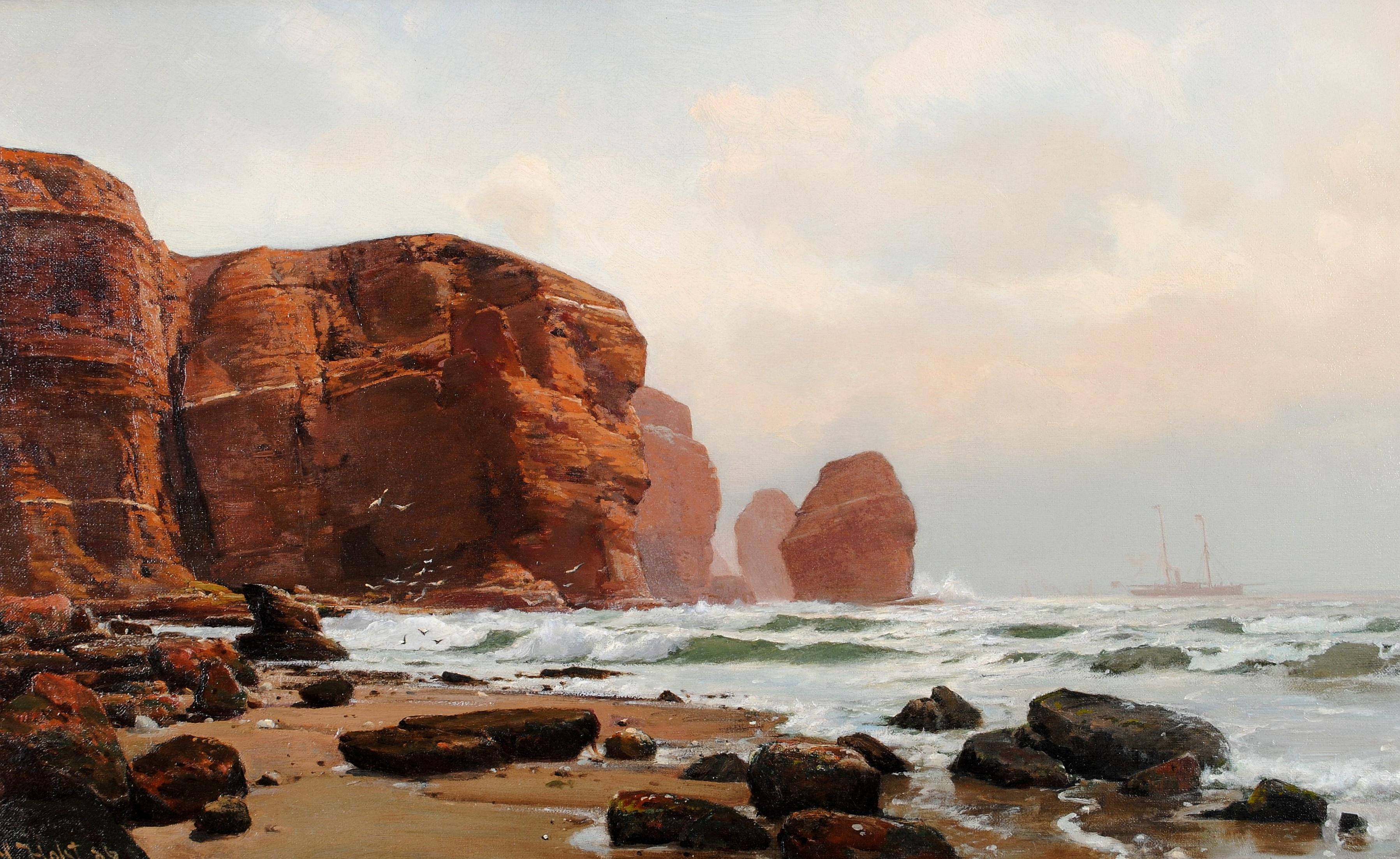 Amanecer en la costa - Pintura danesa antigua de paisaje marino de playa del siglo XIX - Painting de Laurits Bernhard Holst