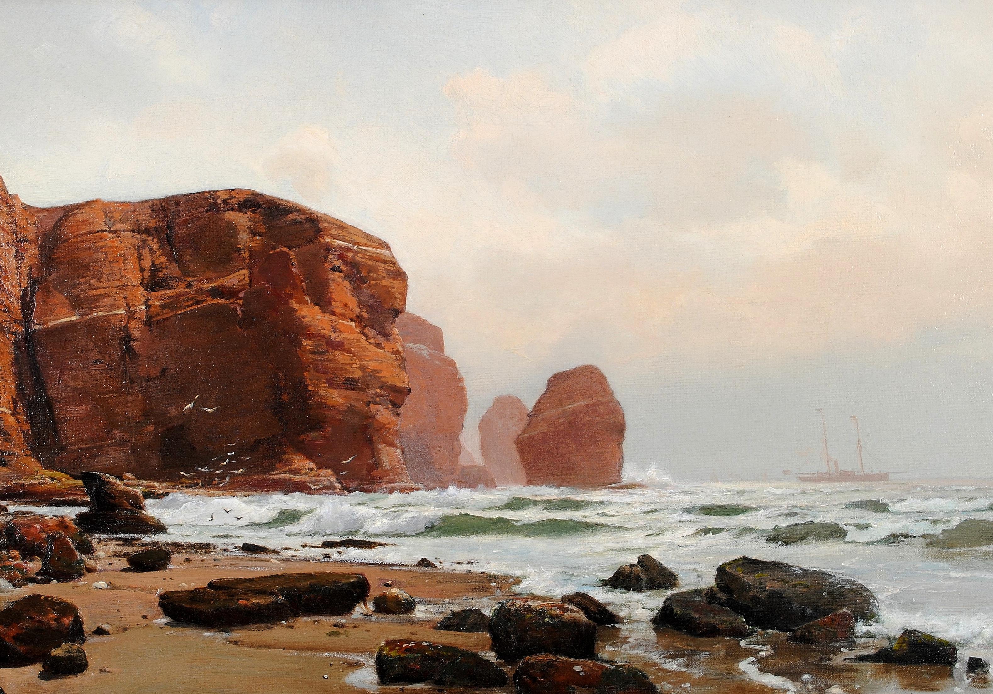 Amanecer en la costa - Pintura danesa antigua de paisaje marino de playa del siglo XIX - Landscape Painting Marrón de Laurits Bernhard Holst