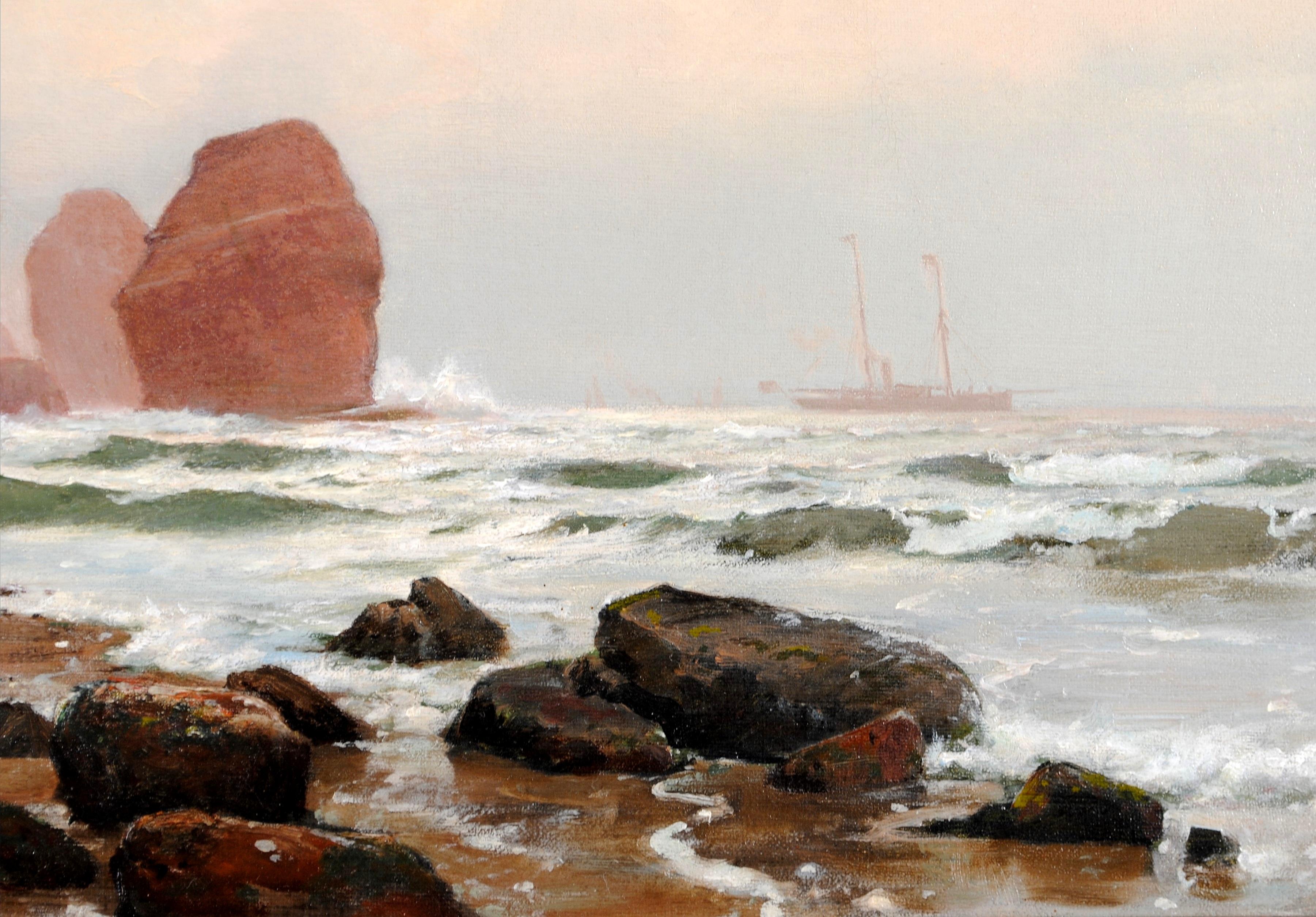 Amanecer en la costa - Pintura danesa antigua de paisaje marino de playa del siglo XIX en venta 2