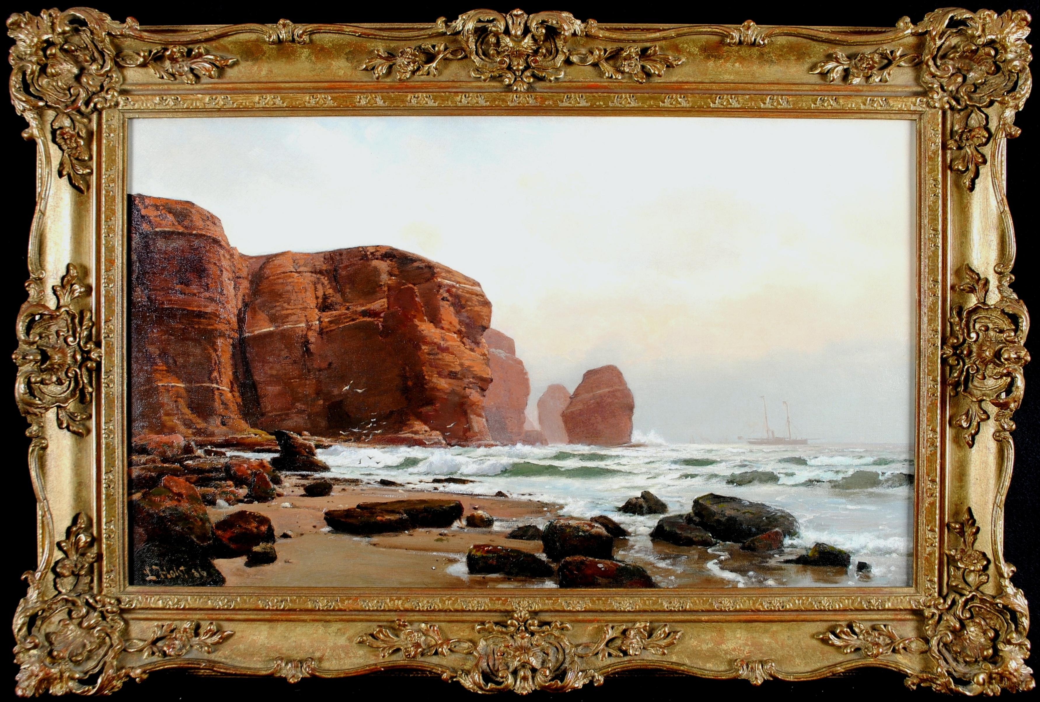 Landscape Painting de Laurits Bernhard Holst - Amanecer en la costa - Pintura danesa antigua de paisaje marino de playa del siglo XIX