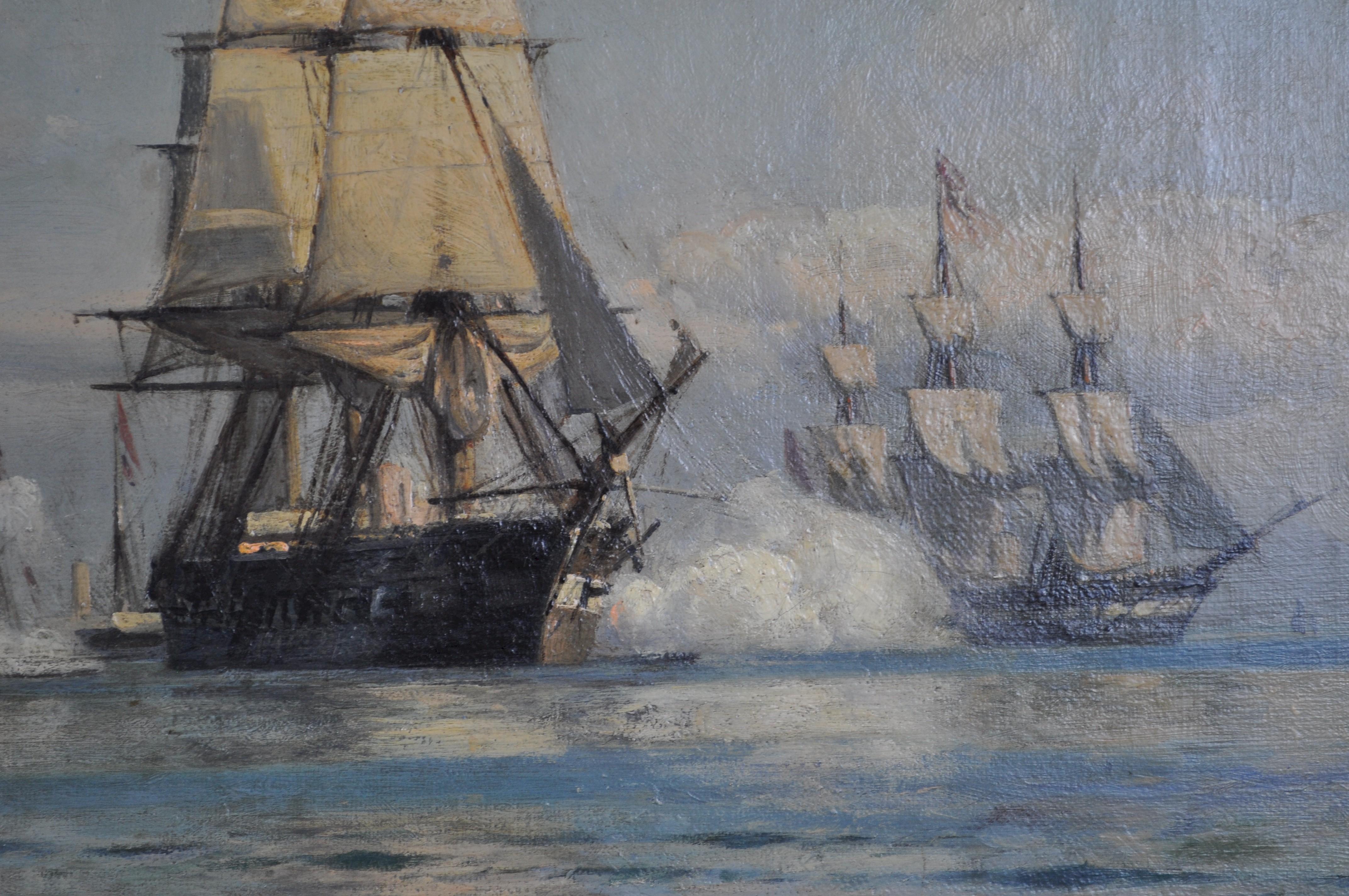 Danish naval vessels firing a salute - Realist Painting by Laurits Bernhard Holst
