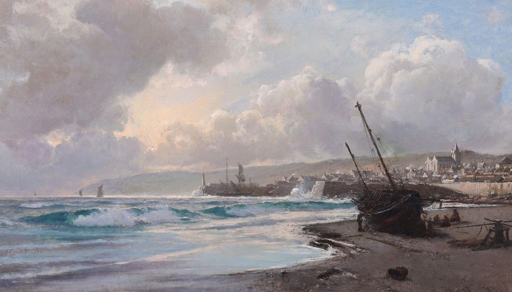 Onde che si infrangono sulla spiaggia. Antico dipinto marino Olio su tela - Painting di Laurits Bernhard Holst
