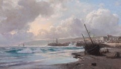 Des vagues tombant le long de la plage. Peinture marine ancienne huile sur toile