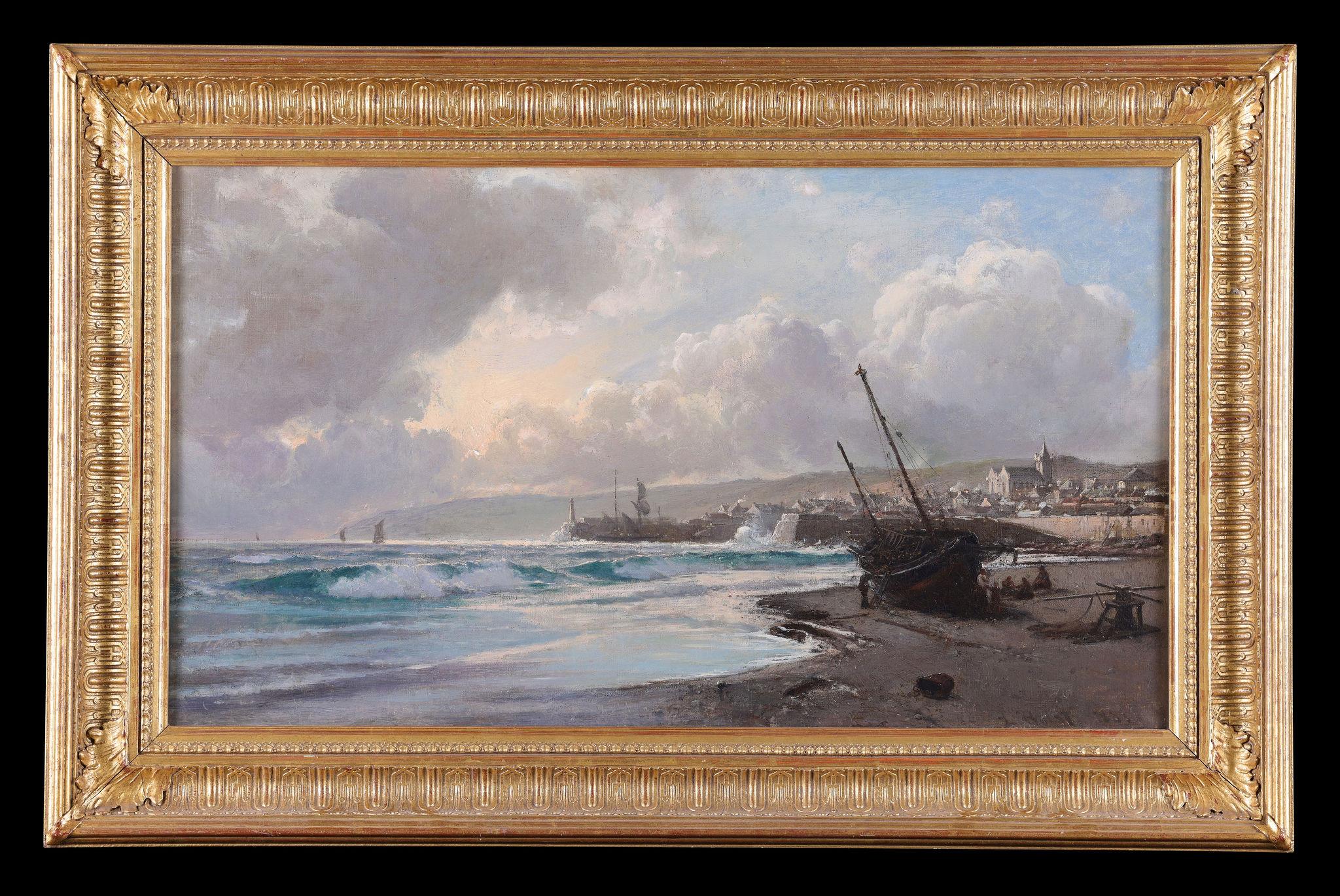 Landscape Painting di Laurits Bernhard Holst - Onde che si infrangono sulla spiaggia. Antico dipinto marino Olio su tela
