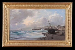 Olas rompiendo en la playa. Cuadro marino antiguo Óleo sobre lienzo