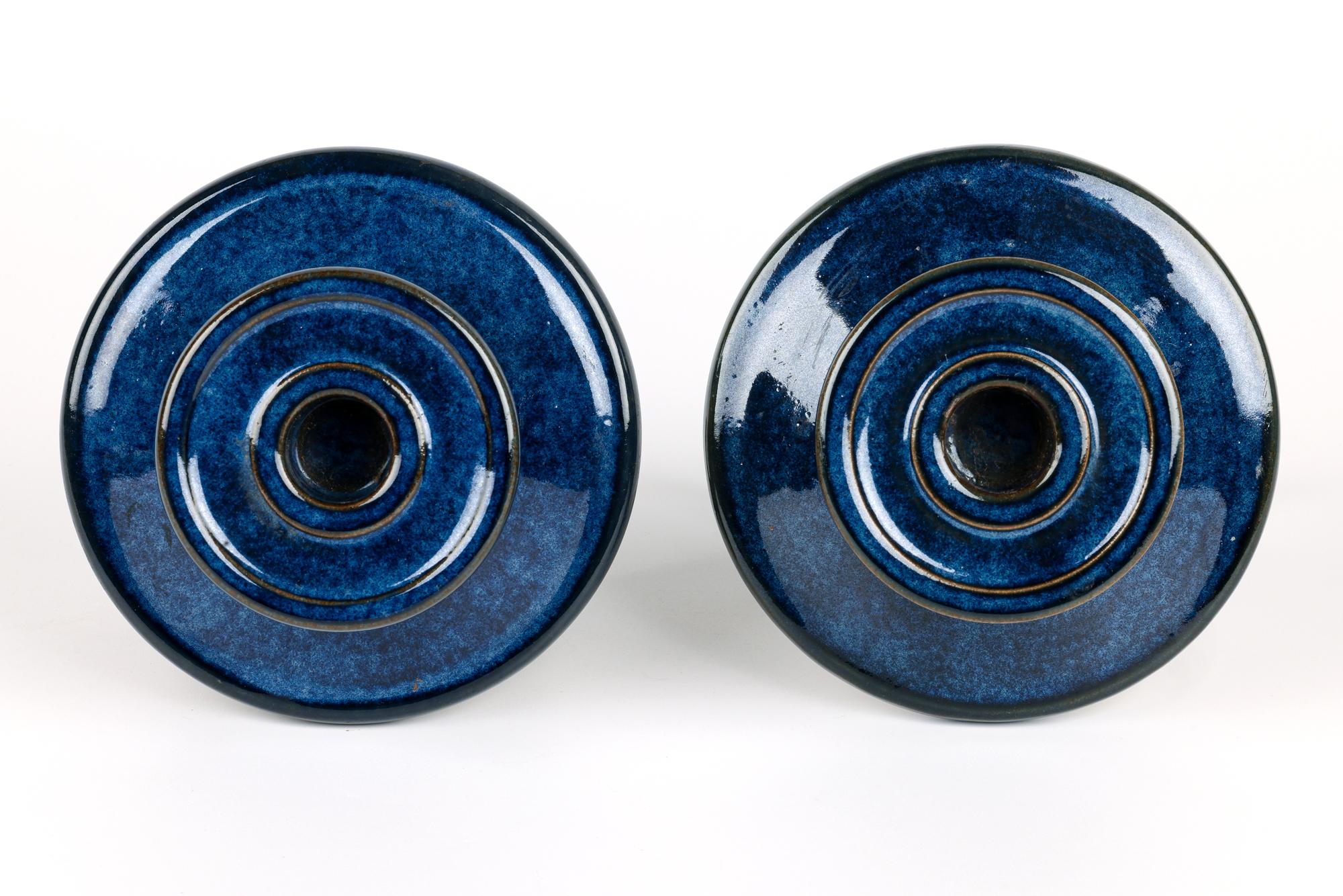Lauritz Adolph Hjorth Danish Mid-Century Pair Pottery Candlesticks In Good Condition For Sale In Bishop's Stortford, Hertfordshire