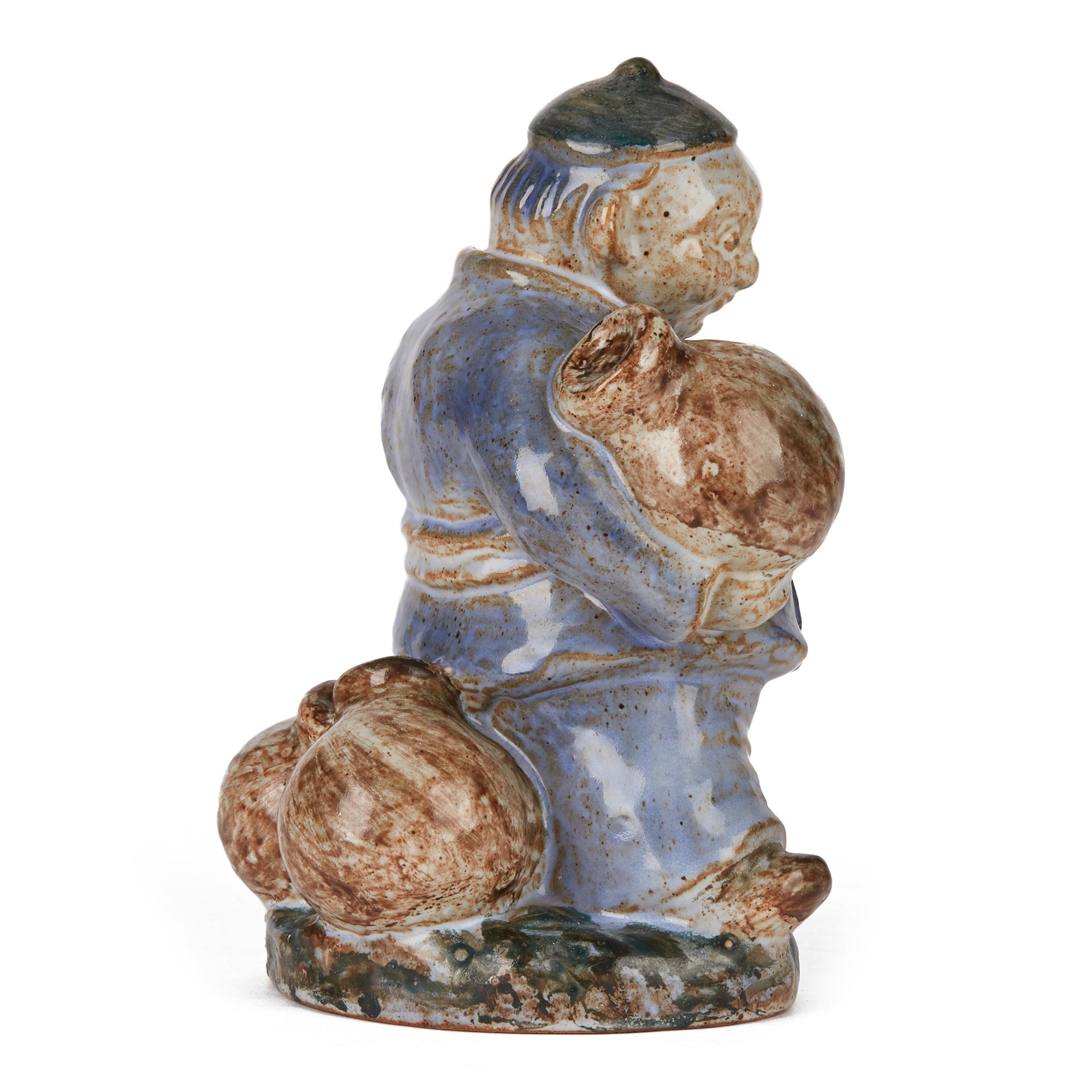 Mid-20th Century Lauritz Adolph Hjorth Danish Midcentury Pottery Asian Figure Carrying Pots For Sale