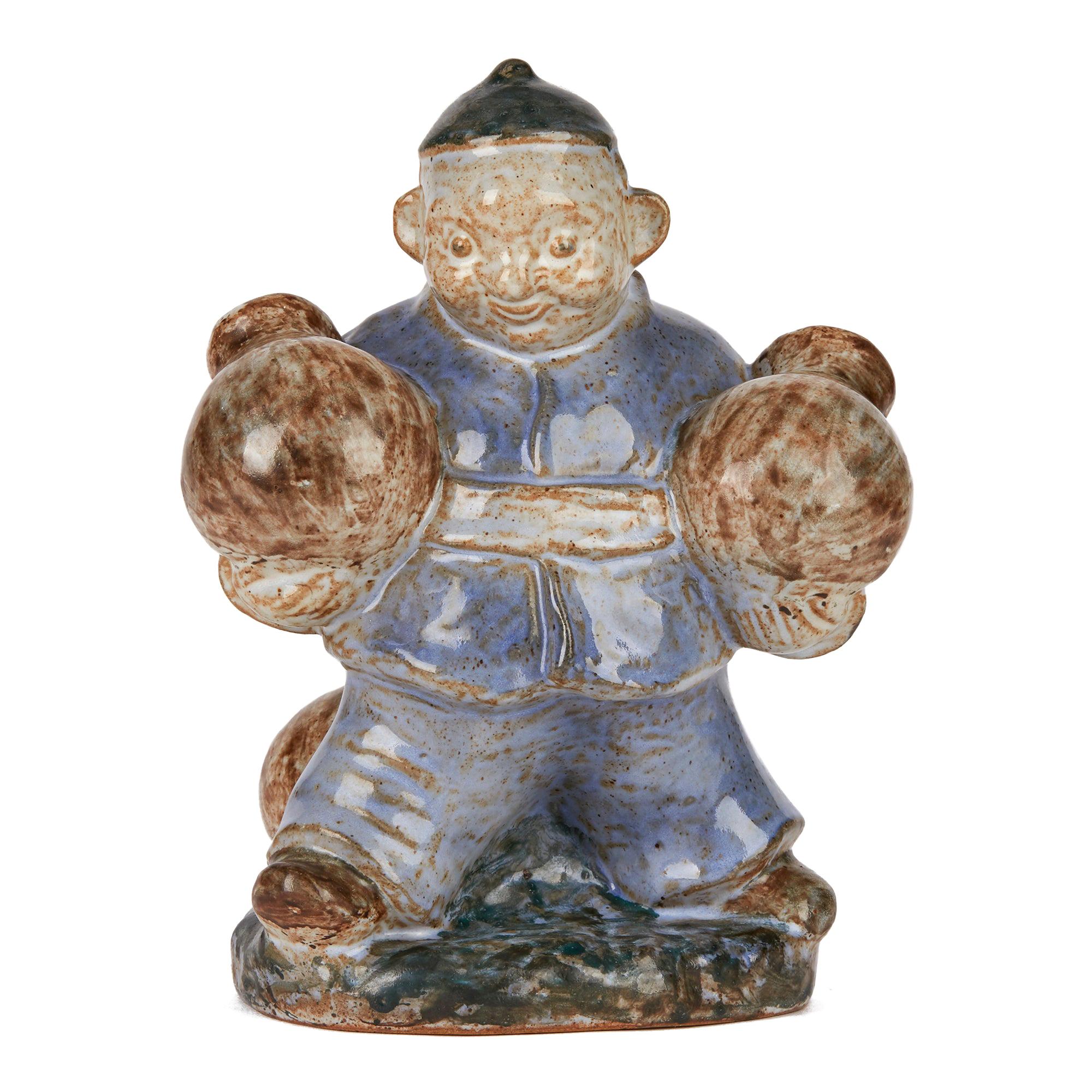 Lauritz Adolph Hjorth Danish Midcentury Pottery Asian Figure Carrying Pots For Sale