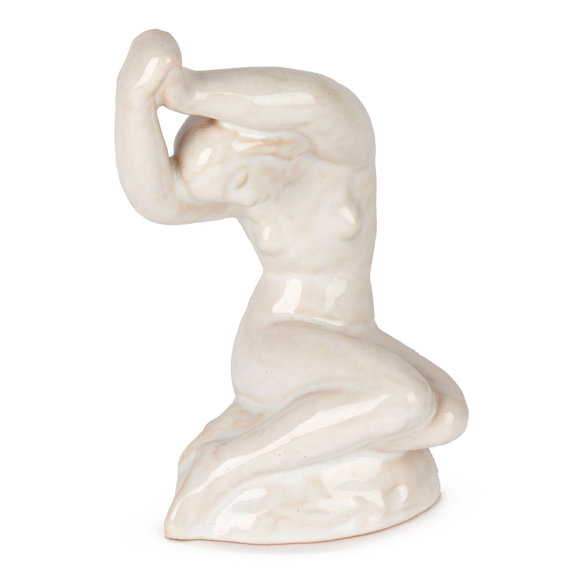 Glazed Lauritz Adolph Hjorth Danish Midcentury Pottery Seated Nude Figurine For Sale