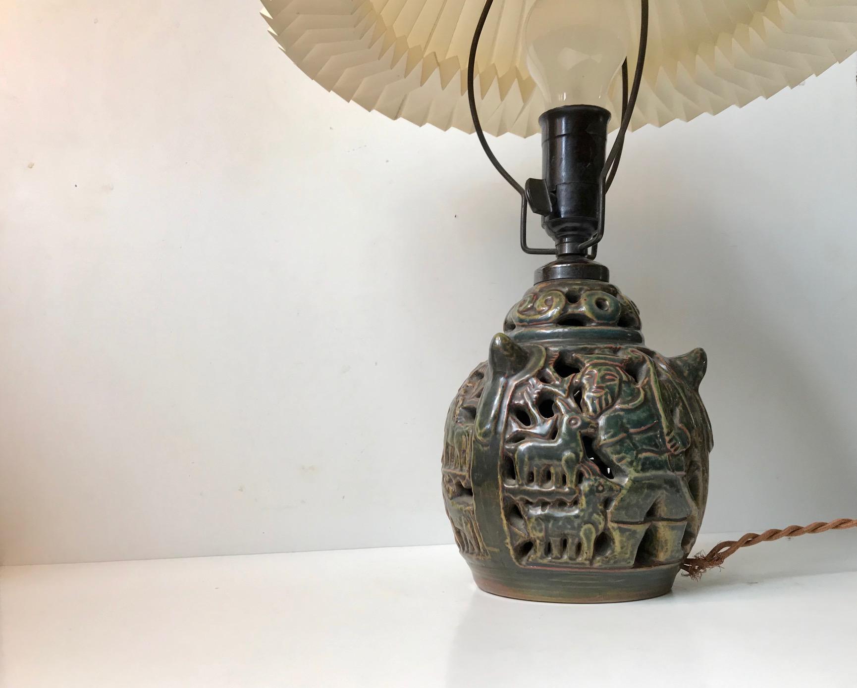 Lauritz Hjorth Ceramic Table Lamp with Hunting Motifs, 1920s For Sale 5