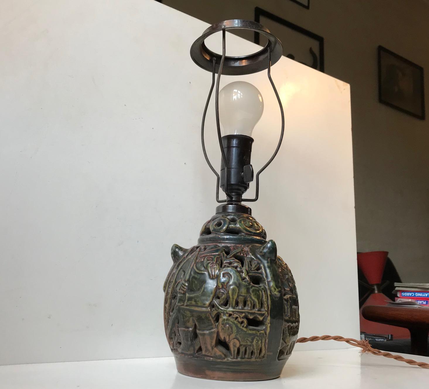 Danish Lauritz Hjorth Ceramic Table Lamp with Hunting Motifs, 1920s For Sale