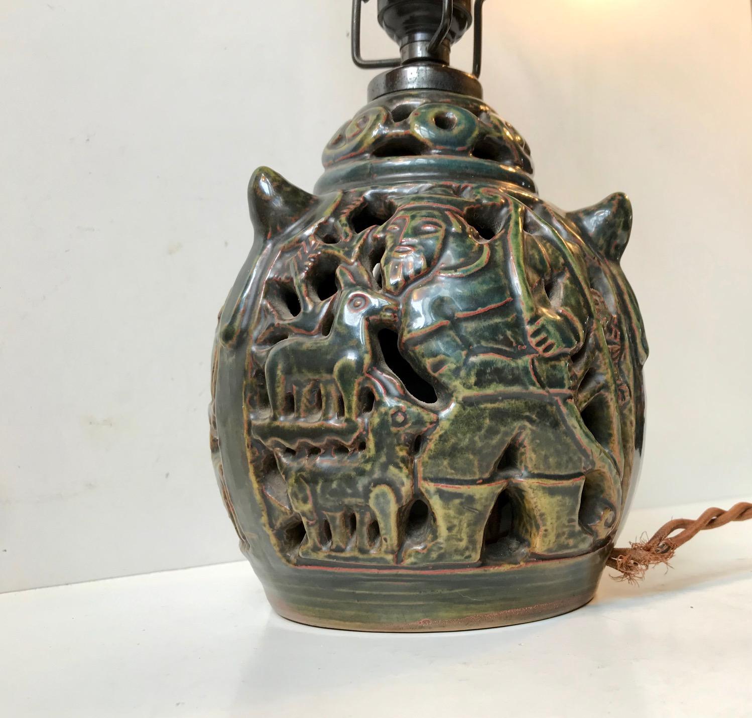 Lauritz Hjorth Ceramic Table Lamp with Hunting Motifs, 1920s For Sale 1