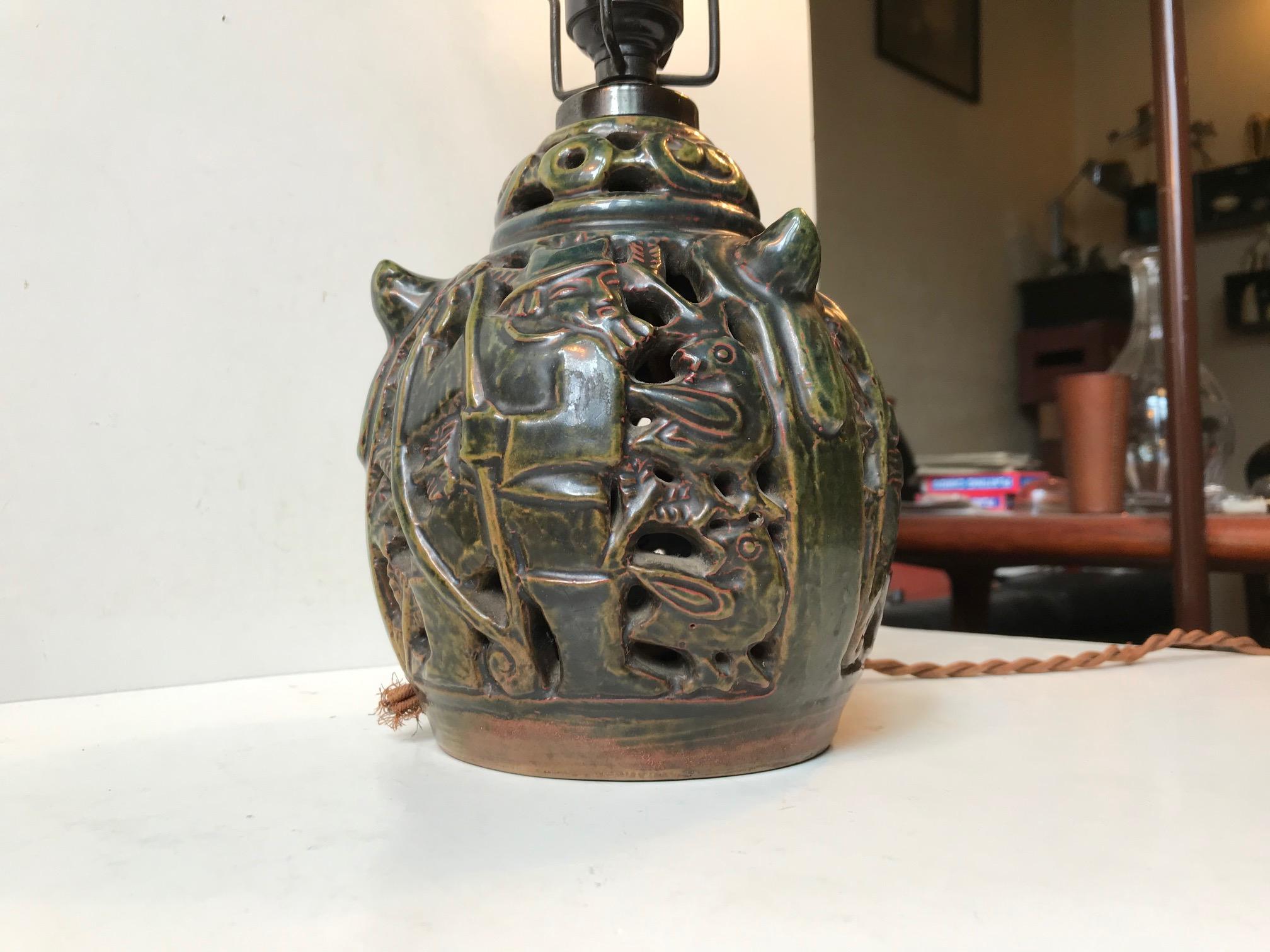 Lauritz Hjorth Ceramic Table Lamp with Hunting Motifs, 1920s For Sale 2