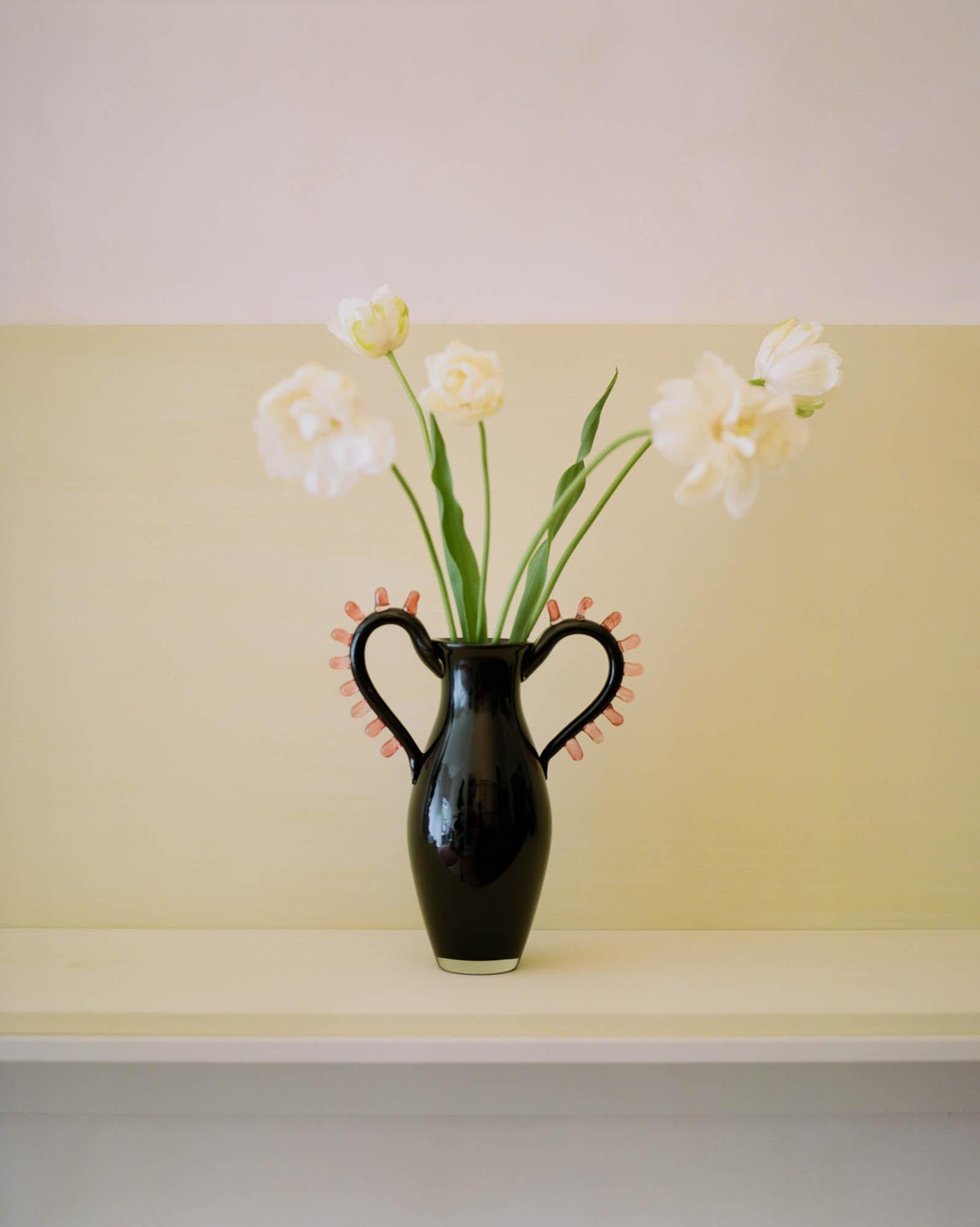 L'Aurore Vase in opaque black & aurora pink glass.  Hand blown in New York City and made to order.  Part of our Asking For a Friend series. 

Originally released in May 2022 during NY Design Week, Asking For a Friend represents a new, more
