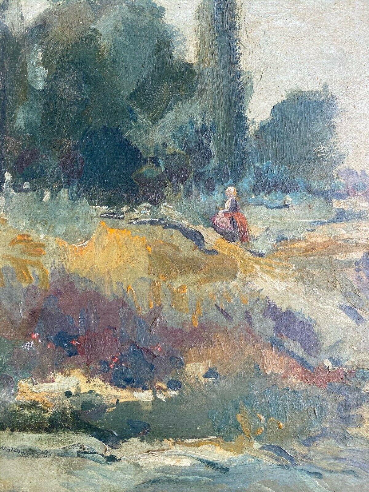 Lauthier Landscape Painting - MID CENTURY FRENCH IMPRESSIONIST FRAMED OIL ON BOARD - LADY IN SUMMER MEADOWS