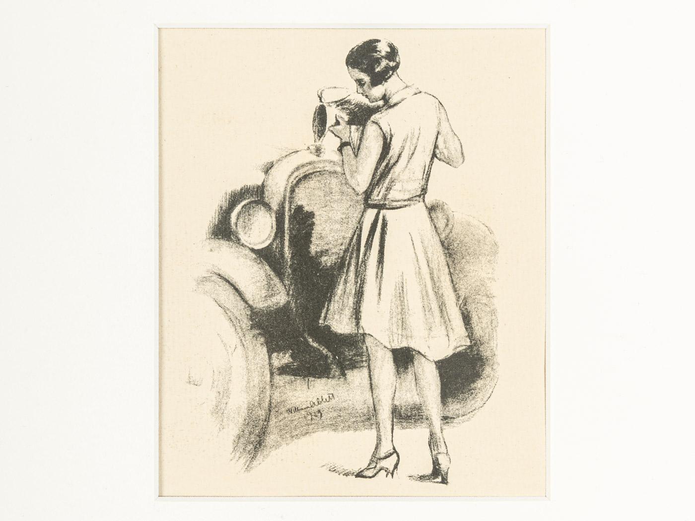 L'automobile Et La Femme Heliogravur auf Papier 1929 b/w Gerahmt zum Aufhängen (Holz) im Angebot
