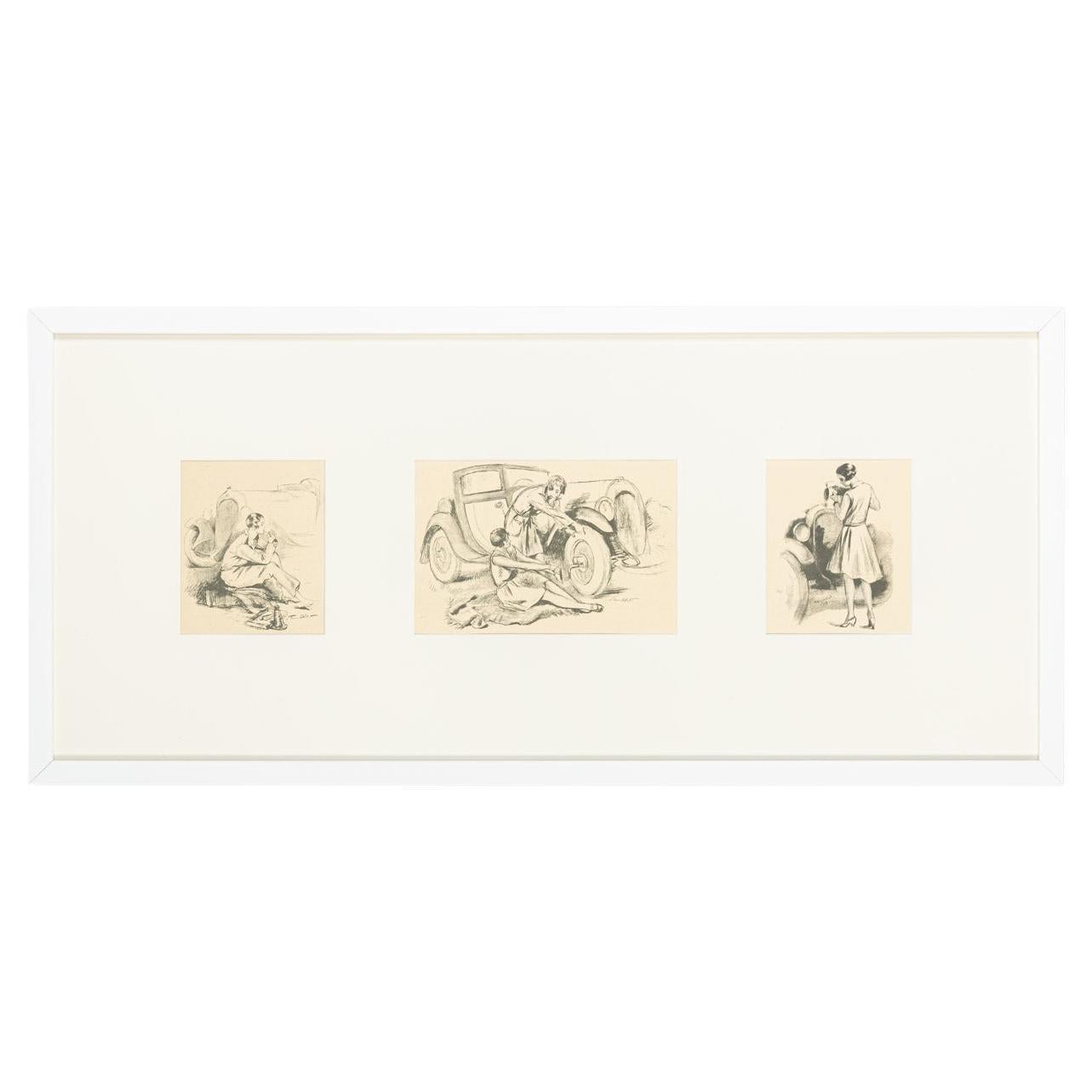L'automobile Et La Femme Heliogravure on Paper 1929 b/w Ready to Hang Framed For Sale