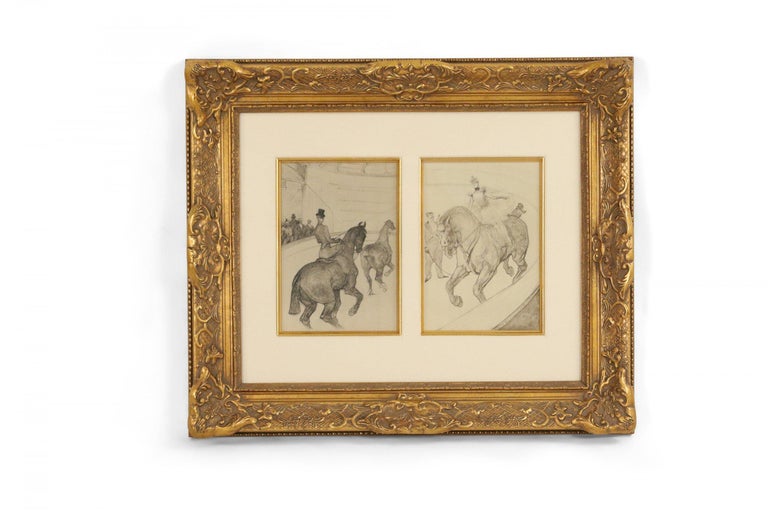 French (late 19th Century) lithograph of equestrian performers on horseback in two panels titled 